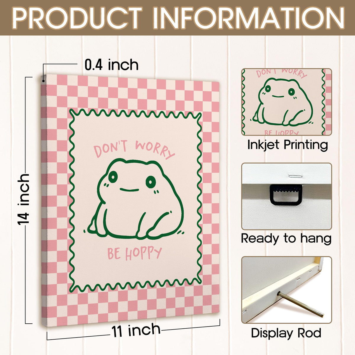XINCEYWJ Frog Decor, Cute Funny Frog Classroom Wall Decor, Don't Worry Be Hoppy Pink Checkered Canvas Art Prints Framed, Mental Health Cute Funny Wall Art for Kids Bathroom Bedroom Office, 11x14 In