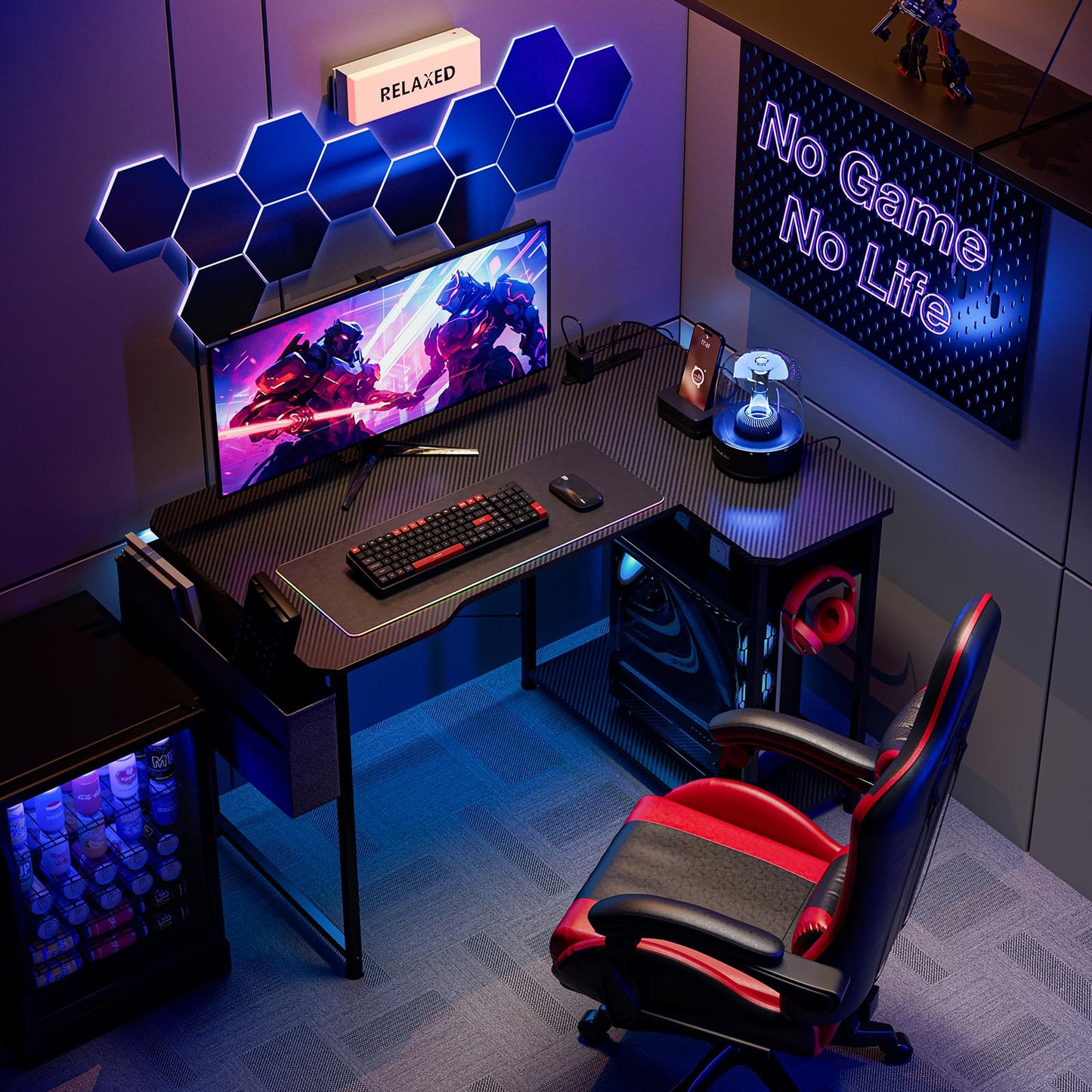 Acrolix L Shaped Gaming Desk 40 Inch - Computer Corner Desk with Power Outlets, Reversible Shelves & Storage Bag for Home Office, PC Gaming Table, Black Carbon