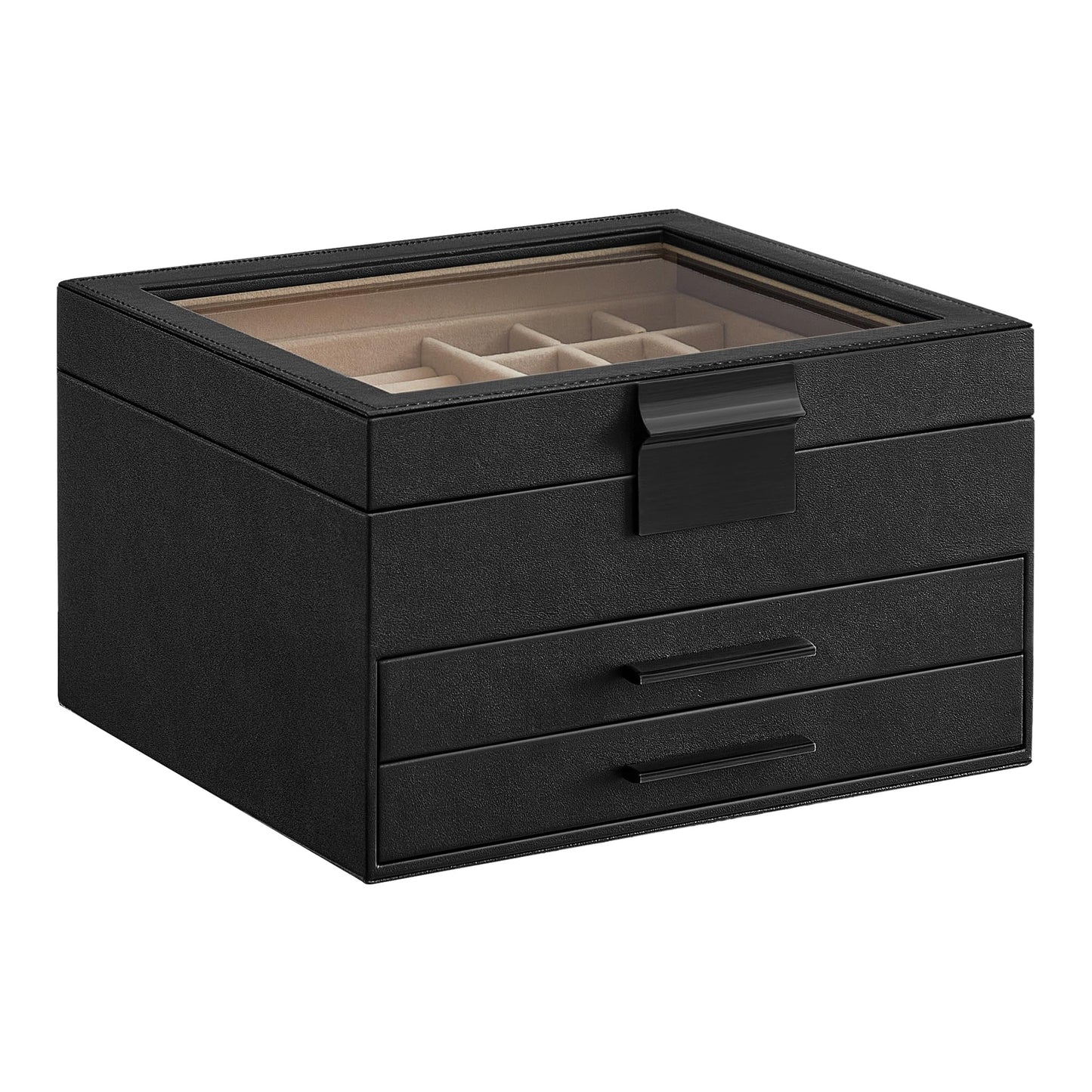 SONGMICS GISELLA Collection - Jewelry Box Organizer, 3-Layer Jewelry Storage with 2 Drawers, Shiny Metal Hardware, Glass Lid, Modern, 8 x 9.1 x 5.3 Inches, Graphite Black and Silver UJBC239BK