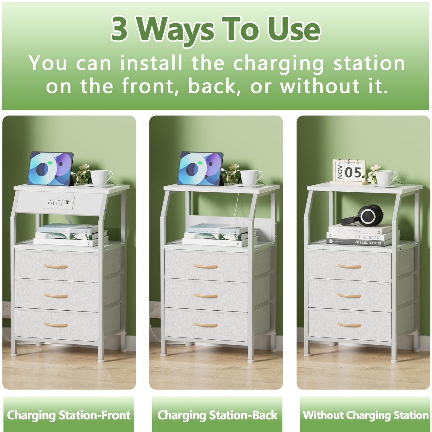 Furnulem Night Stand with Charging Station, 28.3 Inch Tall Bedside Table with PVC Drawers, End Table with USB Ports and Outlets, 3 Fabric Drawer Storage Nightstand for Bedroom, 3 Ways to Use, White