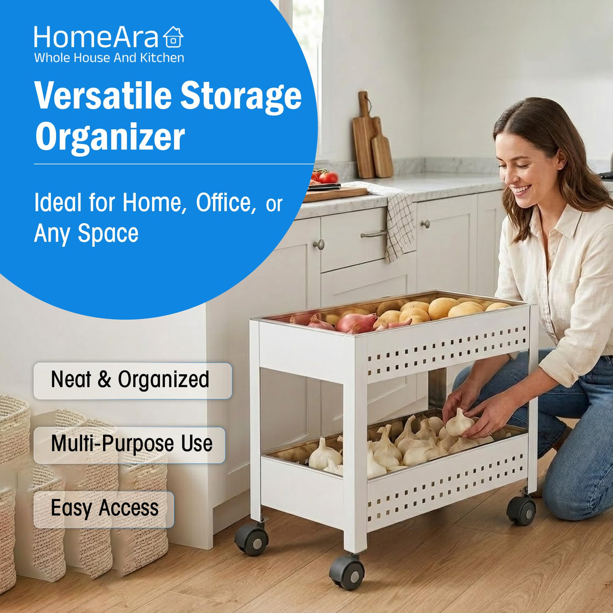 HomeAra 2-Tier Rolling Utility Cart with Wheel, Metal Storage Trolley Organizer for Kitchen, Office, Portable Multi Purpose Storage Rack Shelf, Movable Kitchen Pantry Laundry Organizer Cart, Silver