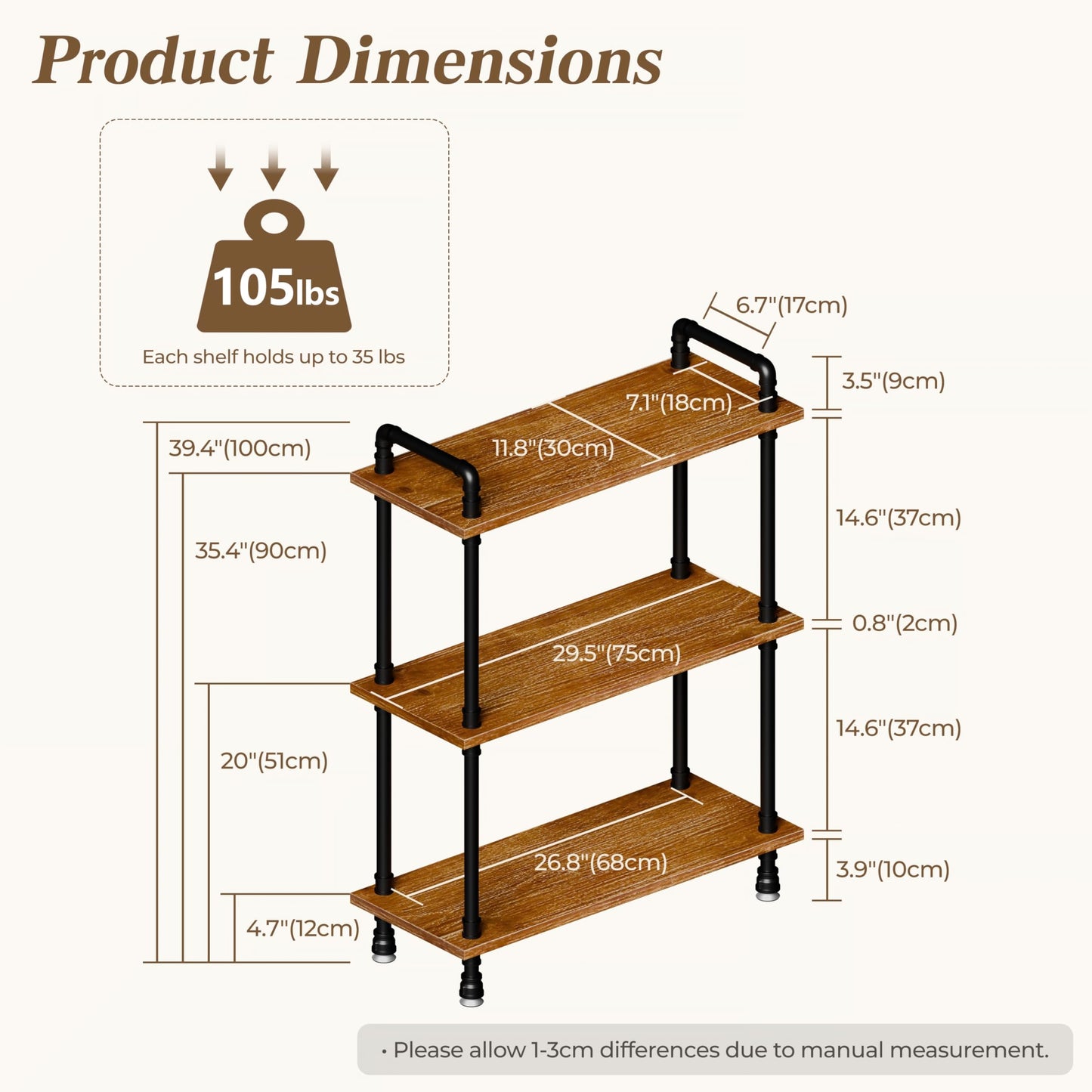 Anynice Industrial Bookshelf, Rustic Open Bookcase, 3 Tier Wood and Metal Bookshelves, Solid Pine Wood and Iron Pipe Storage Shelf Narrow Small Space Organizer for Living Room Office Bedroom Kitchen