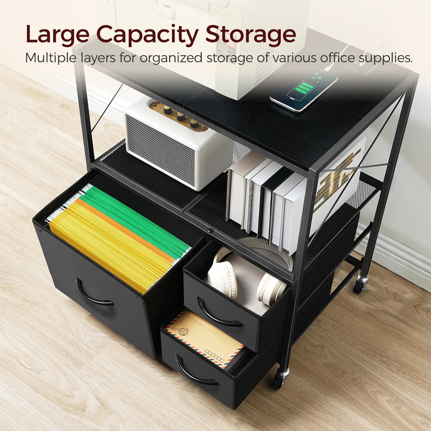 MAHANCRIS File Cabinet with Charging Station, 3 Drawer Lateral Filing Cabinet for Home Office, Mobile Printer Stand with Open Shelf, Fits A4/Letter Size File, Nonwovens Drawer, Black FCHB98E01