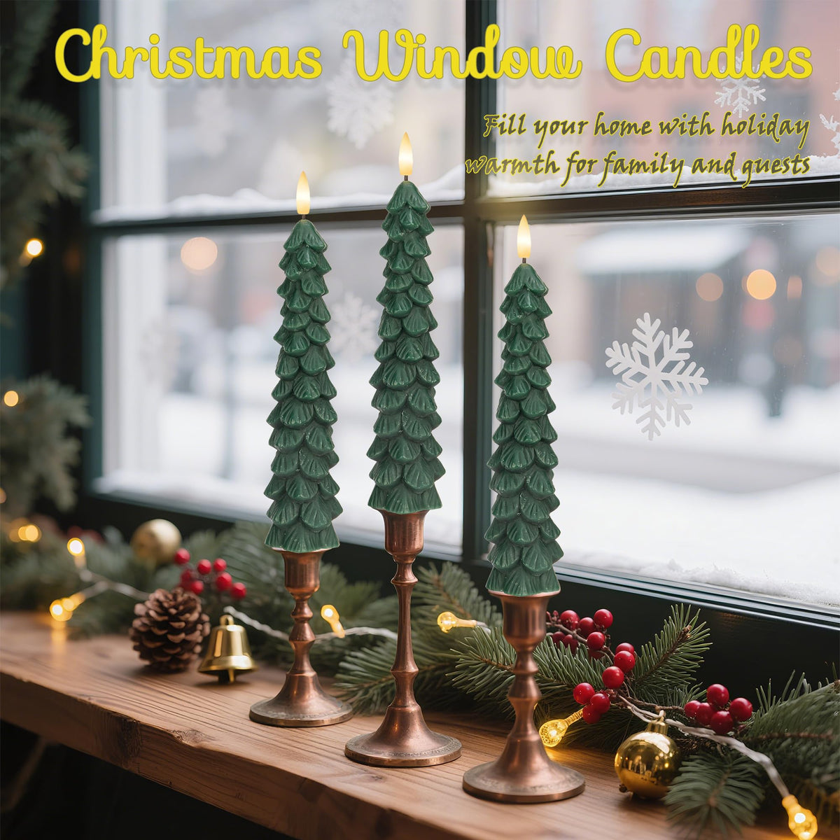 JOIONE Christmas Tree Flameless Taper Candles with Remote 3 Packs, Battery Operated Real Wax LED Candlesticks with 3D Flickering Flame, Perfect for Holiday, Christmas and Home Decor, Green