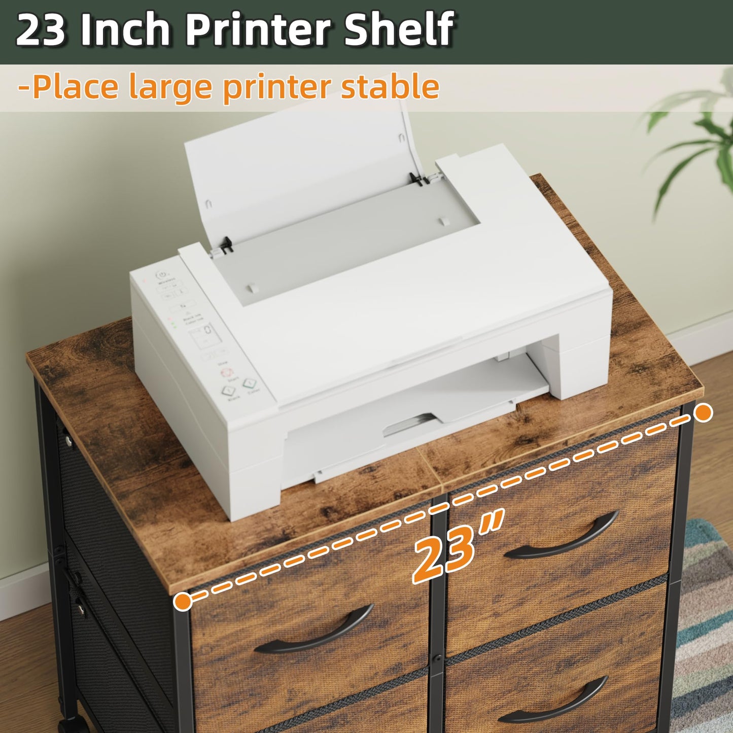 HIGDBFE 4 Drawer Lateral File Cabinet, Mobile Filing Cabinet for Large Printer, Home Office Functional Office Storage Cabinet & Printer Stand, Fits Letter/A4, No Legal, Fabric Drawer, Rustic Brown