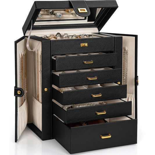 AKOZLIN 6-Tier Jewelry Box Organizer Functional 5 Drawers Leather Jewelry Storage Case for Women Girls Ring Necklace Earring Bracelet Holder Organizer with Mirror Black Regular