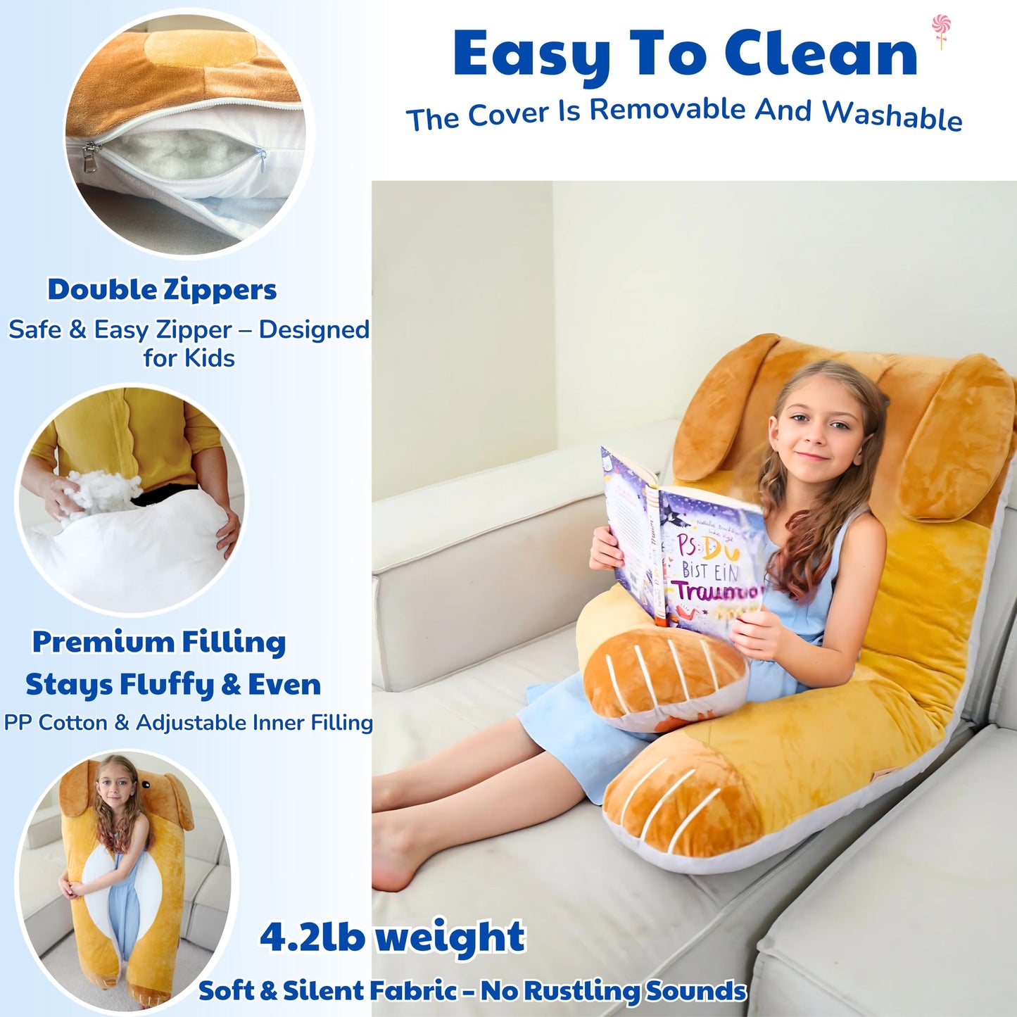 LUNAMIRA Dog Kids Body Pillow - 47" U-Shape Long Plush Soft Animal Pillow for Sleeping, Reading, ADHD & Special Needs Comfort, Anxiety, Washable Cover, Snuggle Fun Cuddle Pillow for Boys & Girls