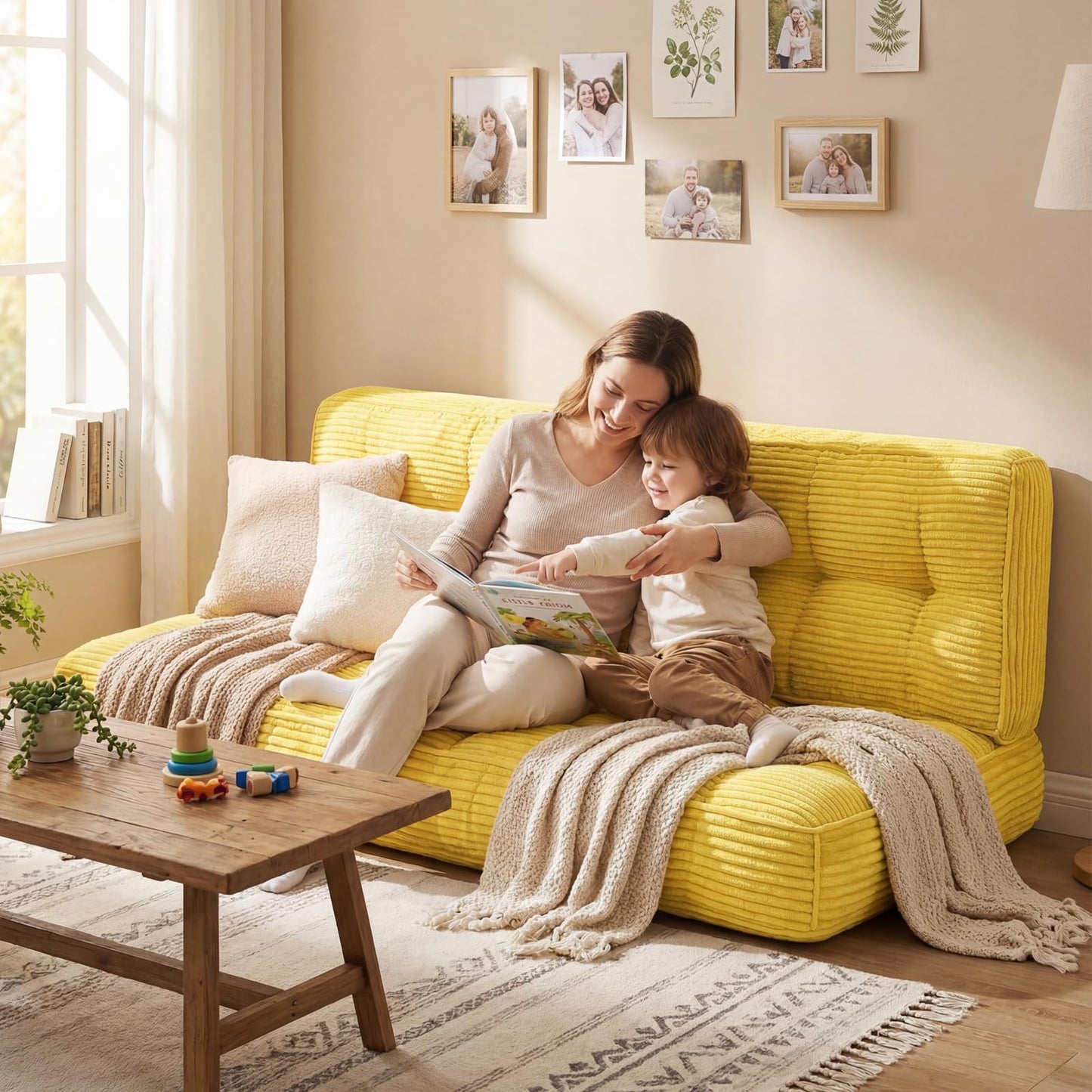 63 Inch Folding Sofa Bed Convertible Chair, 2-in-1 Convertible Boneless Sofa Floor Cushions Couch Mattress Oversized Corduroy Upholstered Sleeper Chair for Living Room Guest Apartment(Yellow)