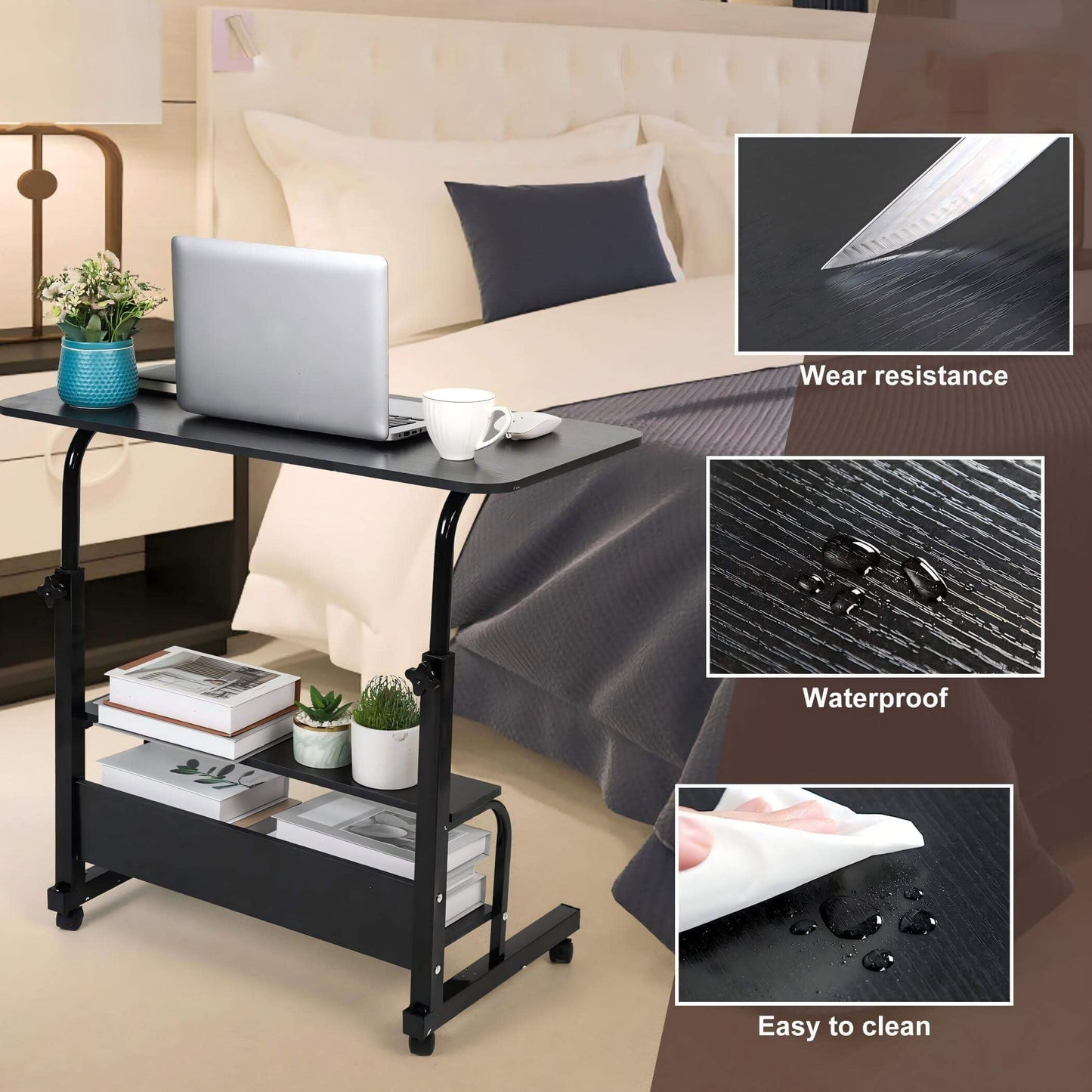Fawabriyj Adjustable Laptop Standing Desk - Mobile Rolling Computer Workstation for Small Spaces, Portable Home Office Desk with Storage Black