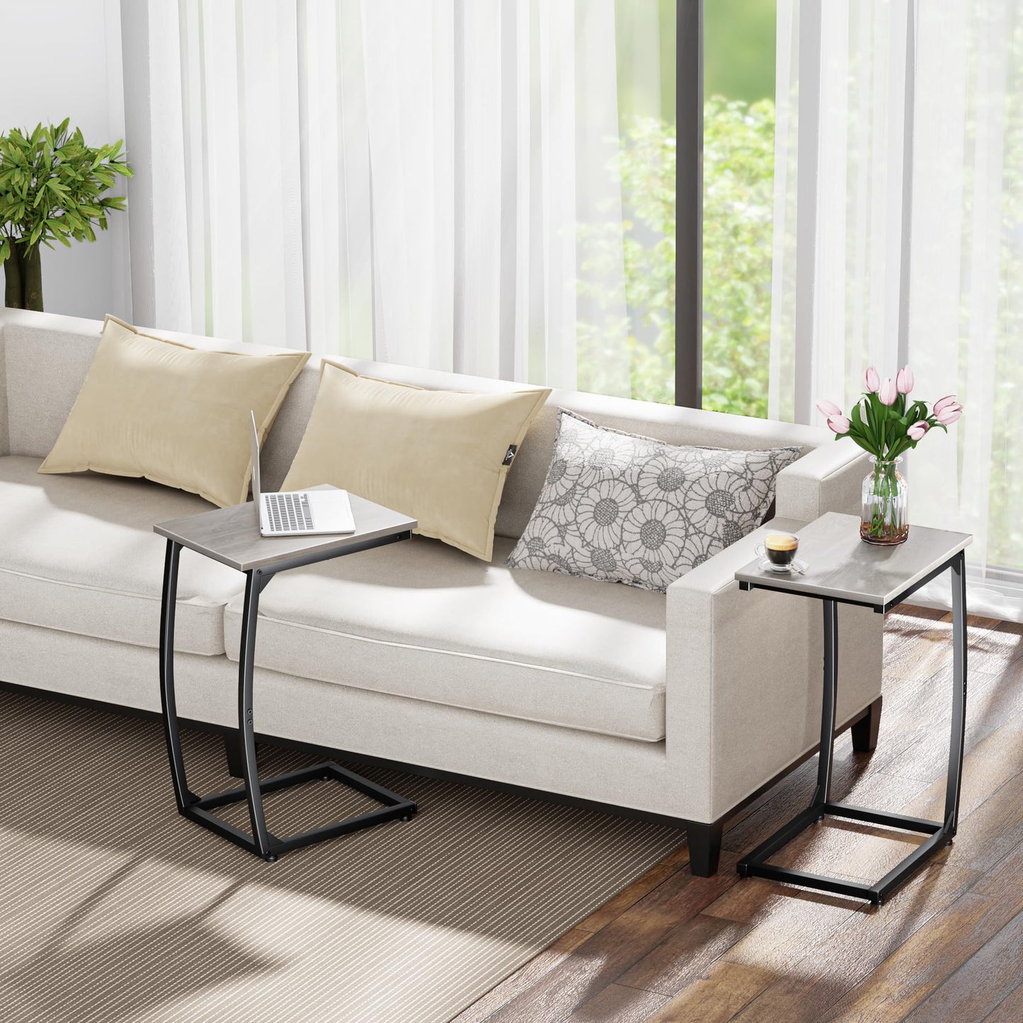LAKEMID C Shaped End Table Set of 2, Side Table for Couch,Curved Support Legs, Slide Under Couch Table for Sofa, TV Tray Table for Living Room Bedroom（Lvory）