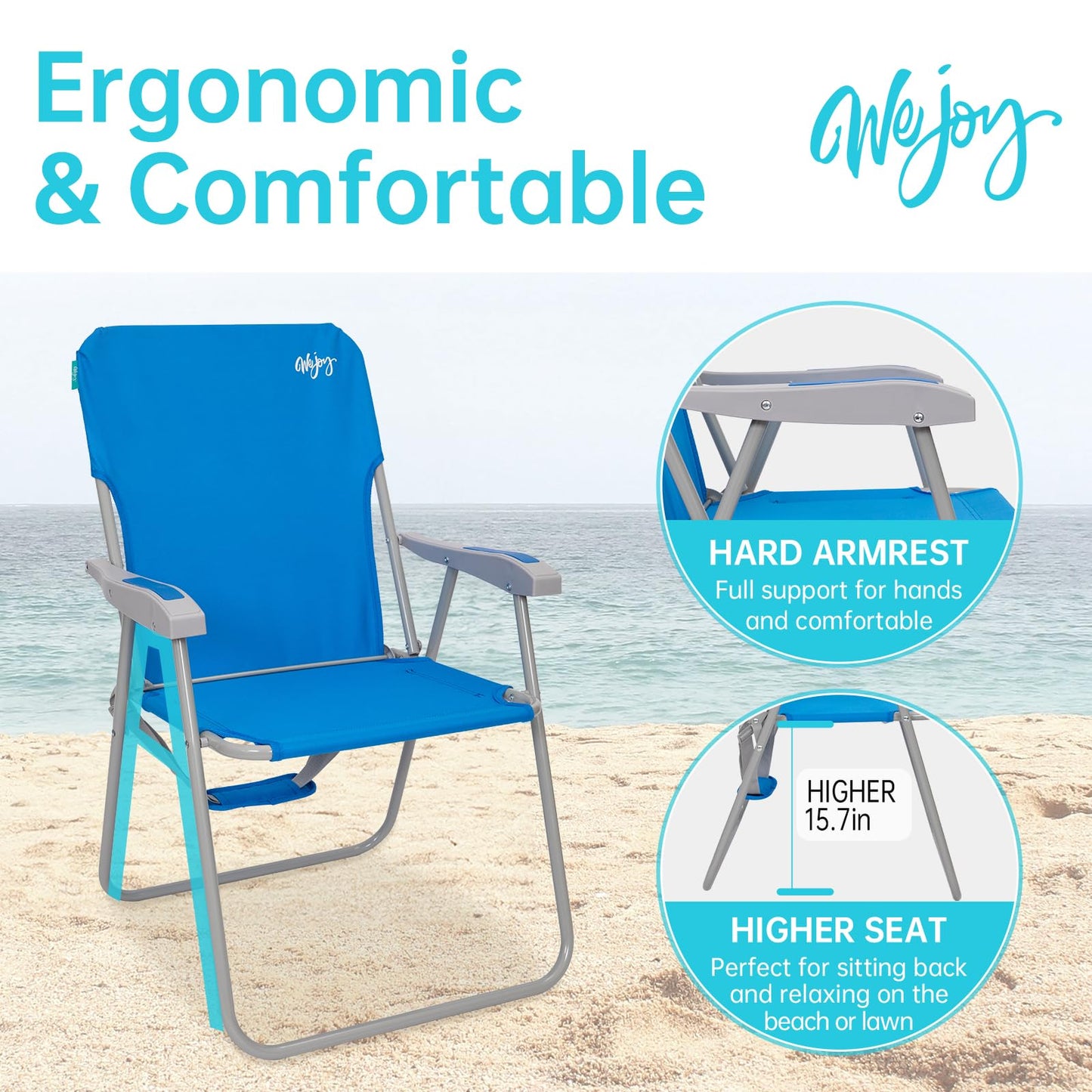 #WEJOY Tall Folding Beach Chair for Adults, Lightweight Beach Chair with Shoulder Straps, High Back Camping Chairs with Hard Armrest, Supports 300lbs for Outdoor Lawn Concert (Blue)