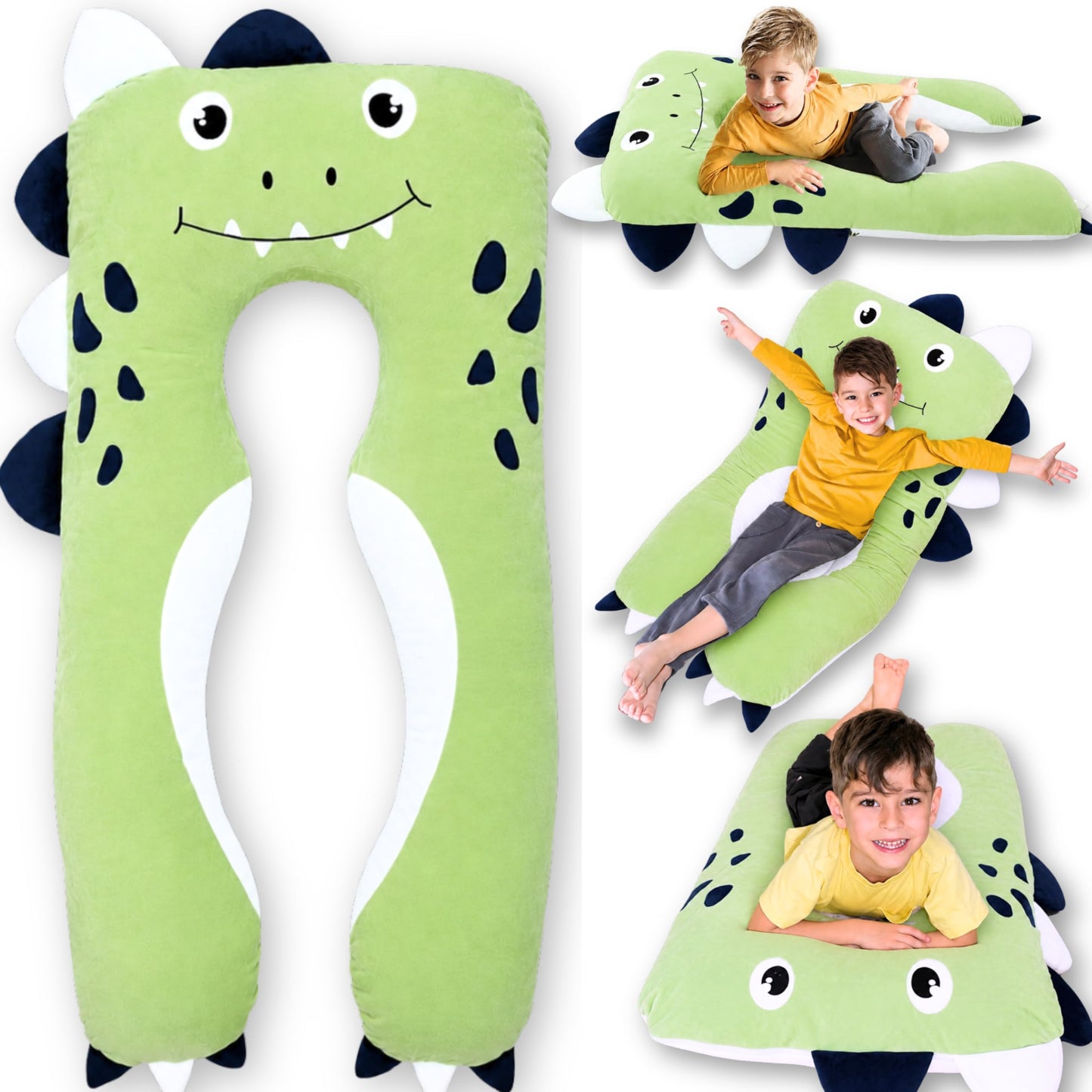 LUNAMIRA Dino Kids Body Pillow - 47" U-Shape Long Plush Soft Animal Pillow for Kids, Sleeping, Reading, ADHD & Special Needs Comfort, Anxiety, Washable Cover, Snuggle Fun Cuddle Gift for Boys & Girls