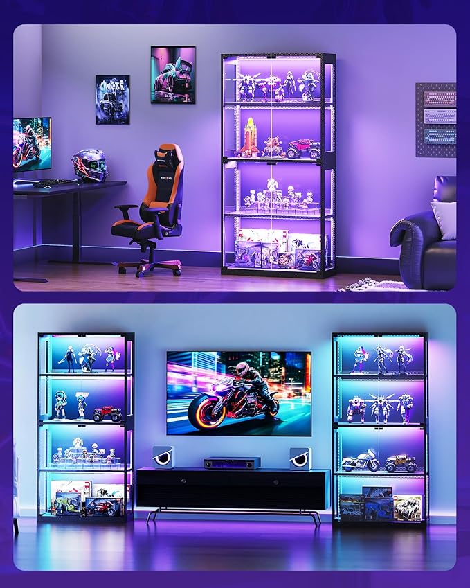 AODK Display Cabinet with Glass Door, 4-Tier Display Case with LED Lights