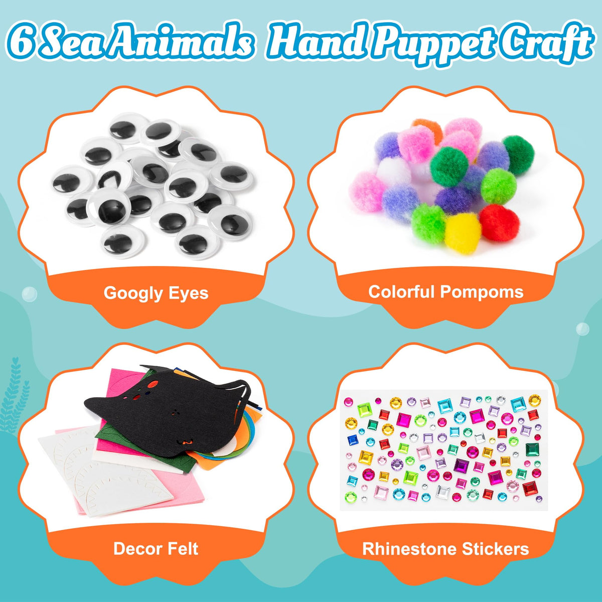 WATINC 6Pcs Hand Puppet Making Kit, Art Craft Felt Sock Puppet Toys, Creative DIY Make Your Own Pompoms Wiggle Googly Eyes Storytelling Role Play Party Supplies Gift for Girls Boys (Ocean Animals)