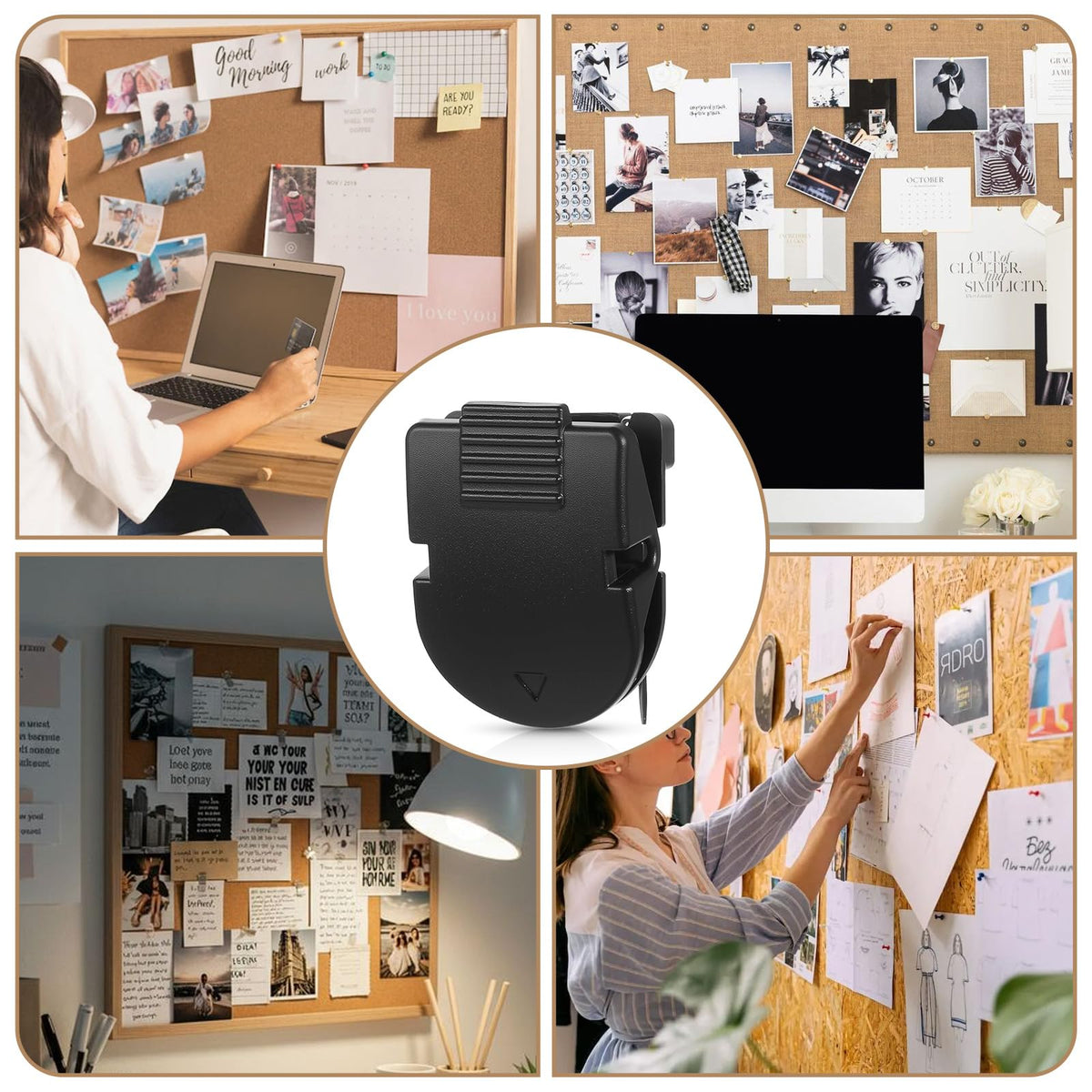 xozeooeu 70 Pcs Cubicle Clips for Fabric Walls, Black Plastic Office Partition Panel Clips with Stainless Steel Pins for Notes, Photos, and Memos (1.38” x 0.98”)