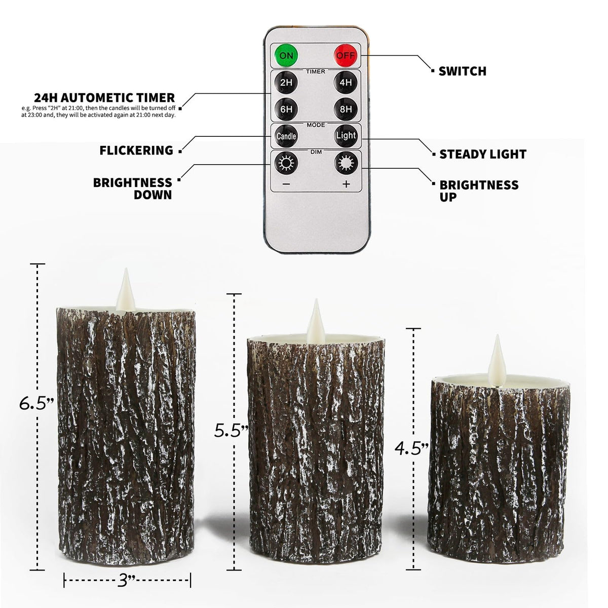 NICEME LED Pine Bark Flameless Candles Set of 3 Real Wax Battery Operated Candles Flickering Teardrop Wick Electric Decorative Pillar Bark Candles with Remote Timer, D3 x H4 5" 6"