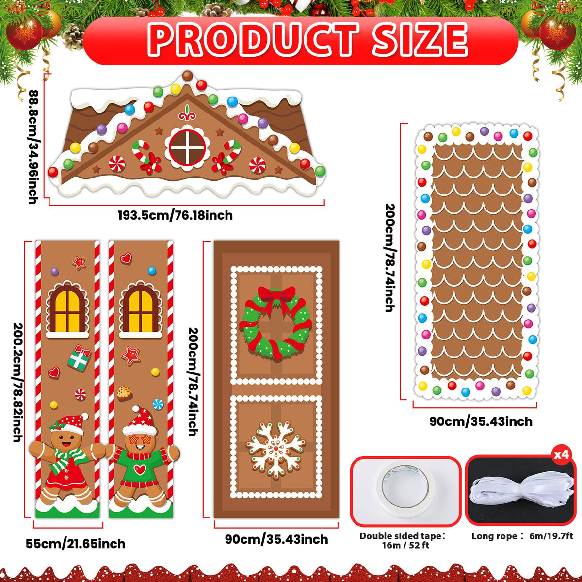 5 Pcs Christmas Gingerbread House Decorations Xmas Candy Gingerbread Door Cover Floor Runner Xmas Candy Hanging Banner Backdrop Christmas Porch Signs for Holiday Classroom Home Candyland Party Decor