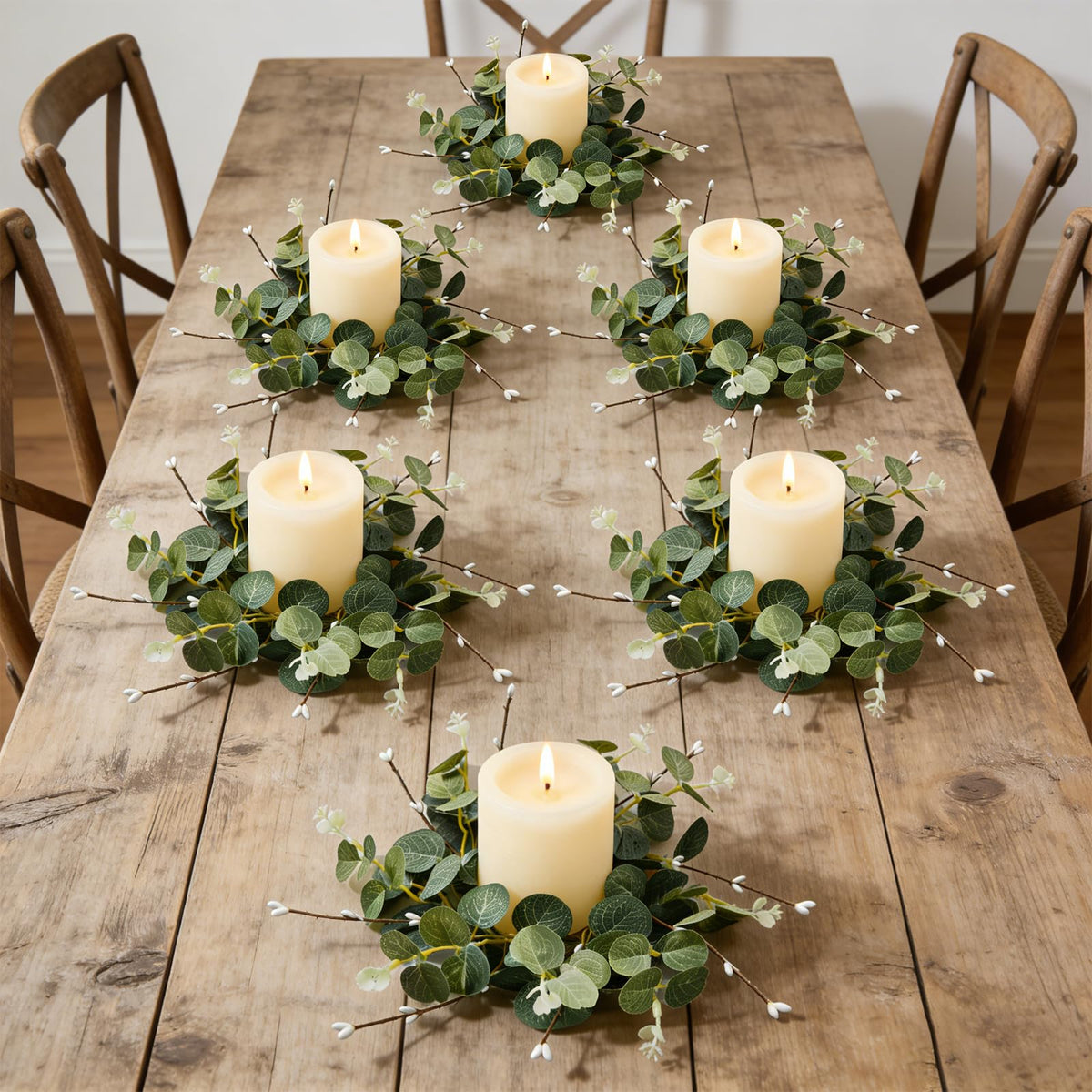 6 Pcs Small Spring Summer Candle Ring Wreaths with Artificial Eucalyptus Greenery White Buds Branches Mini Pillar Candle Holder Wreath for Home Table Centerpieces Kitchen Wedding Farmhouse Party Decor