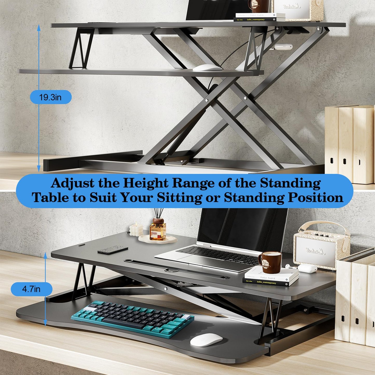 AQQHSAIN Standing Desk Converter 36 Inch Wide Sit to Stand Converter Desk Height Adjustable Riser with Keyboard Tray Laptop and Dual Monitor Desktop Workstation Riser for Home Office Computer