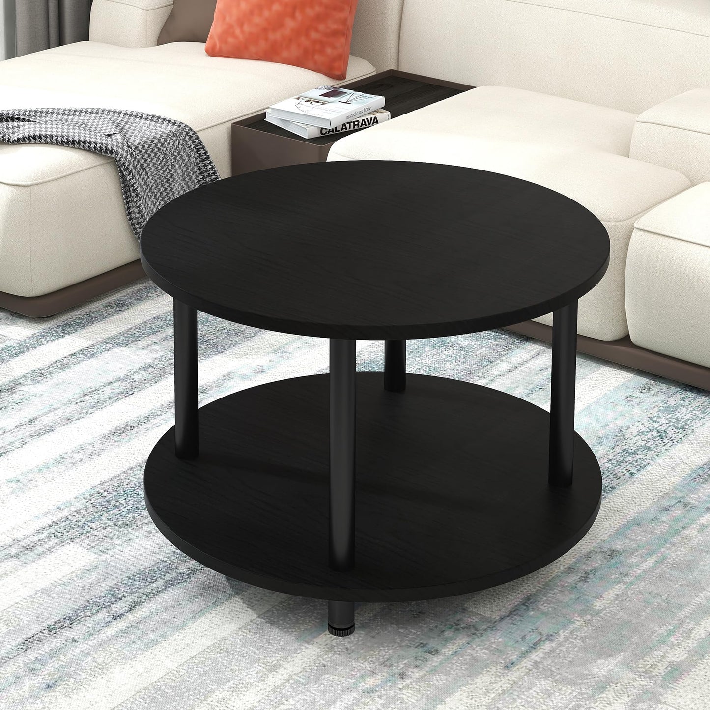 VERFARM 23.6" Round Coffee Table, 2-Tier Small Circle Coffee Table with Storage, Modern Center Accent Table with Metal Frame, Side Table End Table for Small Space, Living Room, Office, Black