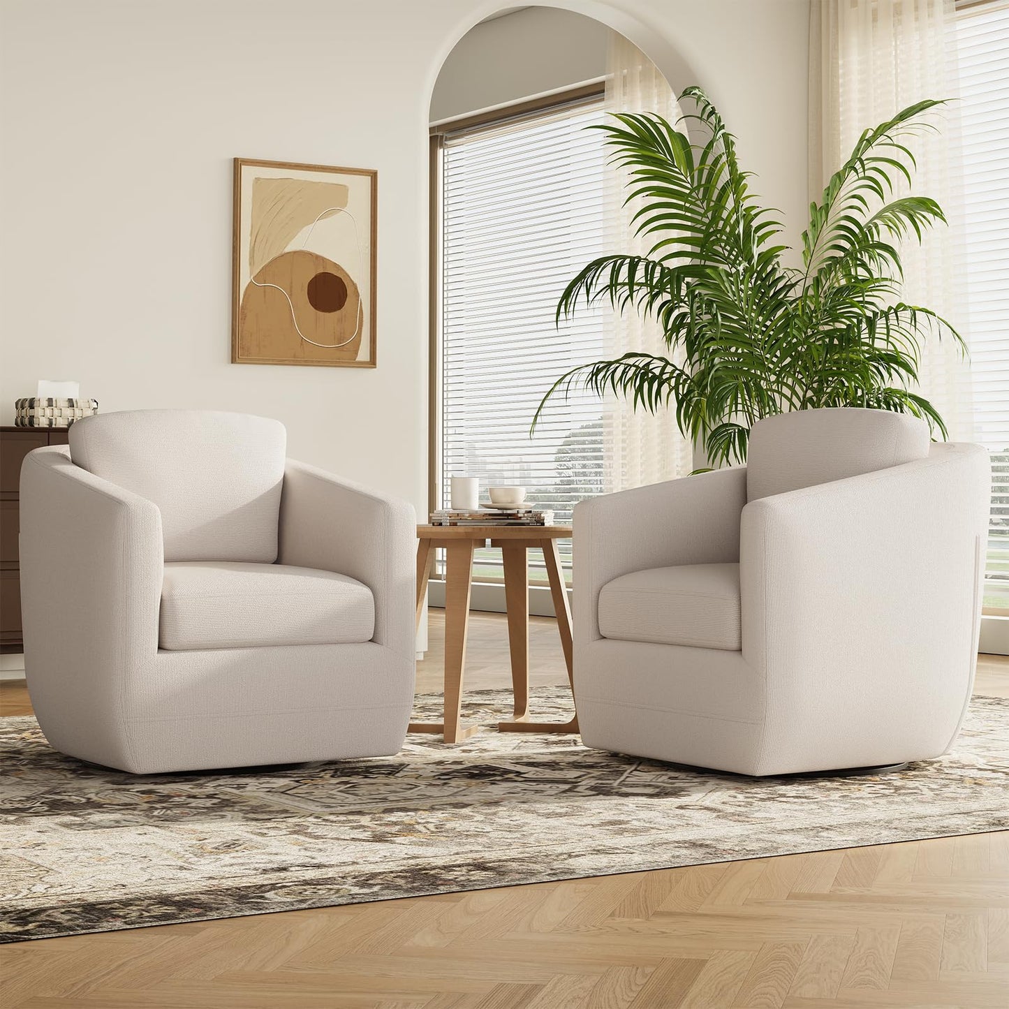 MALOL 360° Swivel Accent Chair Set of 2 with Pillow - Comfy Living Room Armchair No-Sag Foam & Sturdy Metal Base, Fully Assembled Swivel Accent Single Sofa for Bedroom Living Room, Office, Beige