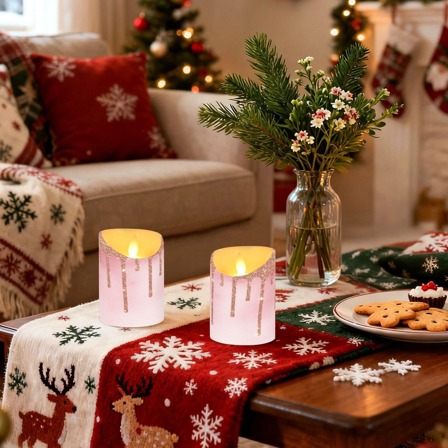 Flameless Candles Set of 2 Rose Gold Pink Glitter Drips Realistic LED Candles with Remote Battery Operated Holiday Decorations