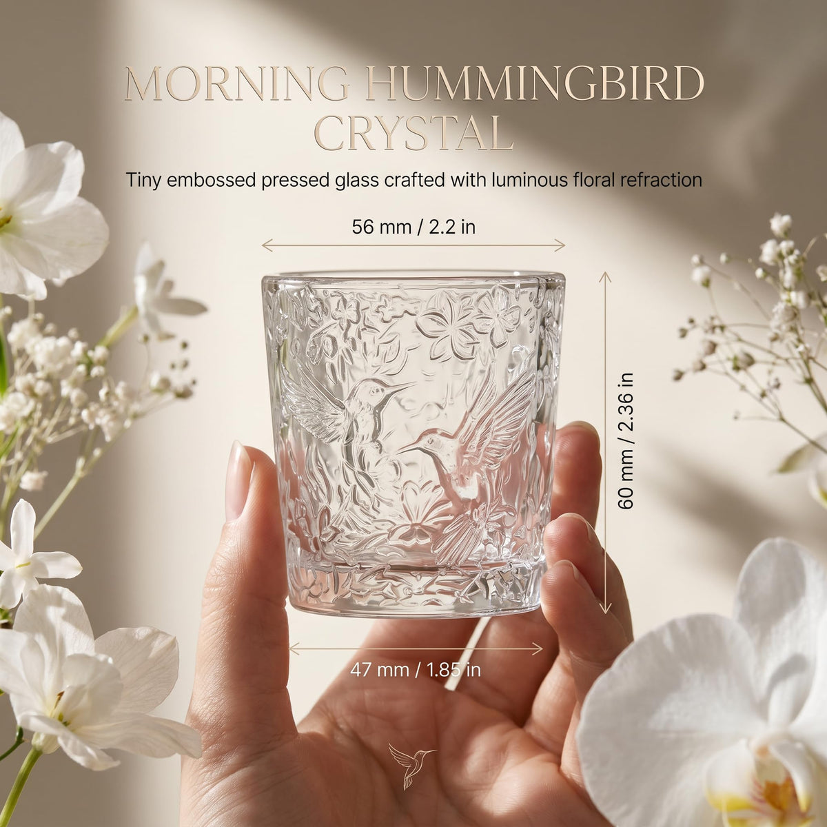 12 Pack Hummingbird Embossed Glass Candle Holders – Votive Tealight Holders with Patent Design, Decorative Embossed Glass Cups for Wedding Centerpieces, Parties, and Home Décor (Crystal Clear)