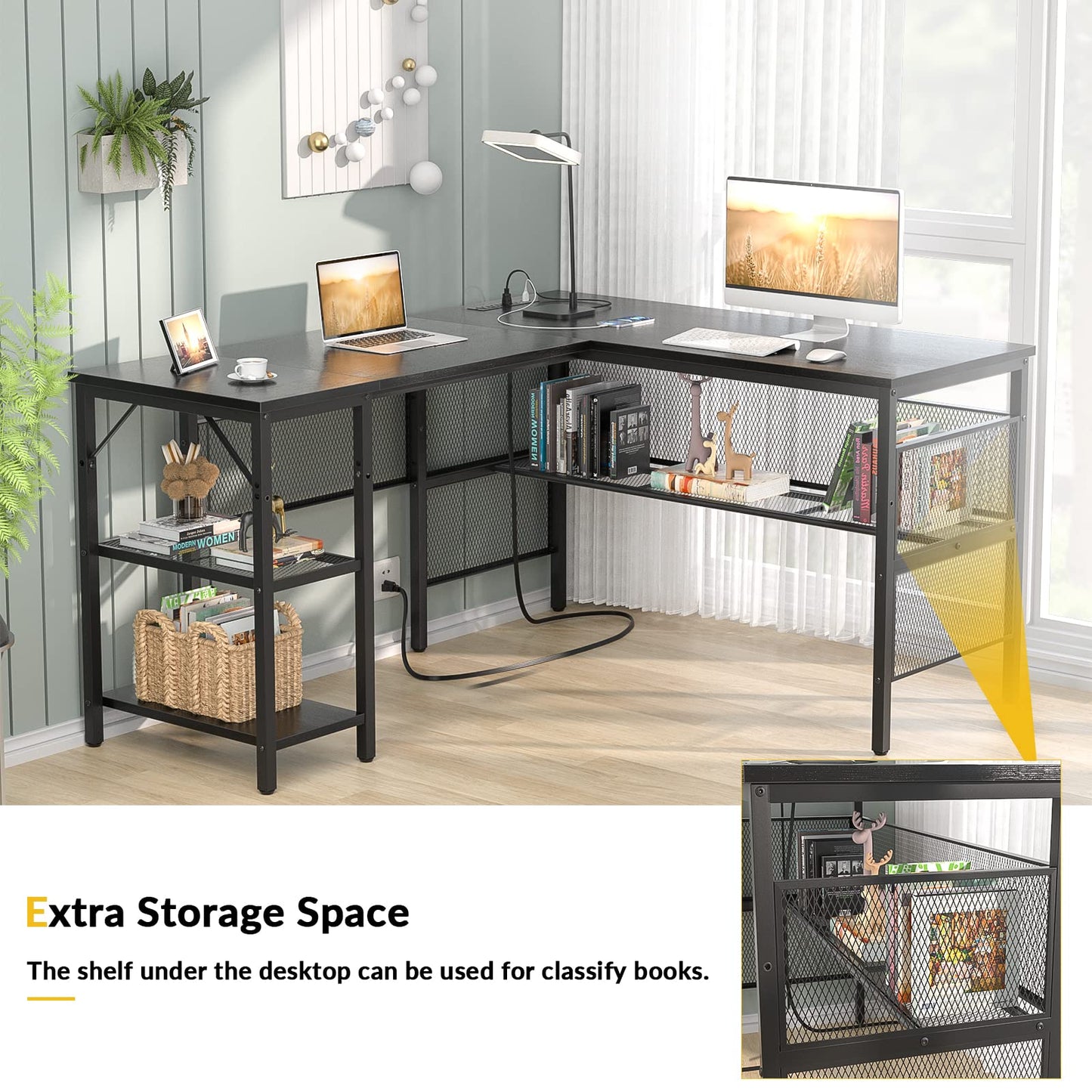 Unikito L Shaped Desk with USB Charging Port and Power Outlet, Reversible L-Shaped Corner Computer Desk with Storage Shelves, Industrial 2 Person Long Gaming Table Modern Home Office Desk, Dark Black