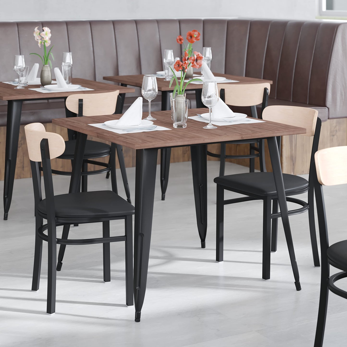 Flash Furniture Wright Set of 2 Commercial Dining Chairs - Natural Wood Boomerang Back - Black Vinyl Seat - 500 LB. Capacity Black Steel Frame-Integrated Footrest