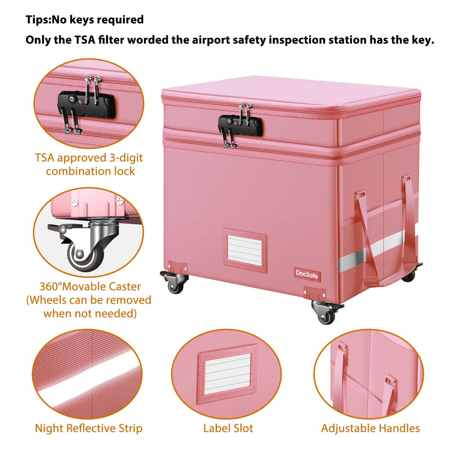DocSafe File Box with Lock,2-Layer Fireproof Document Box with Wheels,Collapsible Rolling File Storage Organizer with Pockets,Large Portable Home Office Filing Cabinet Safe for Hanging Folders,Pink