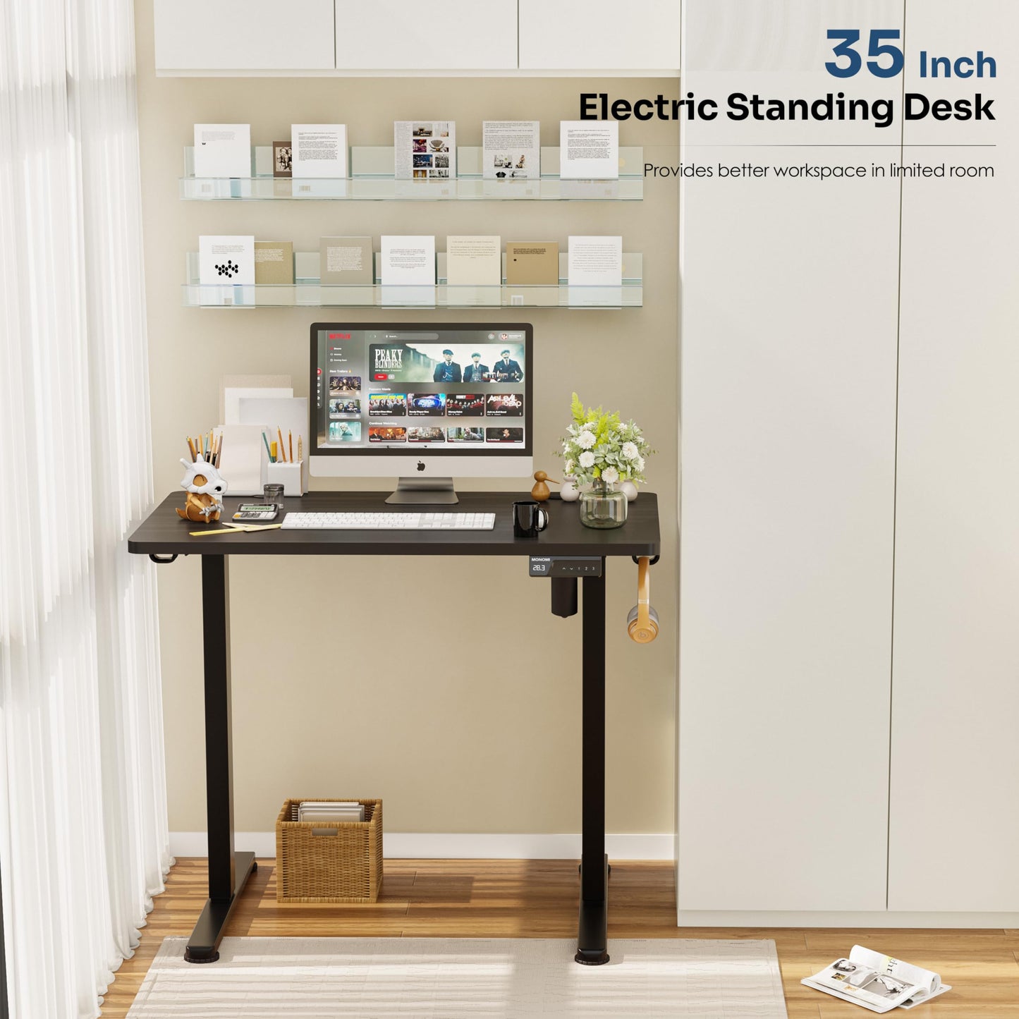 Monomi Small Electric Standing Desk, 35" x 20" Whole Piece Height Adjustable with Memory Controller, Sit to Stand Desk Workstation for Home Office, Black