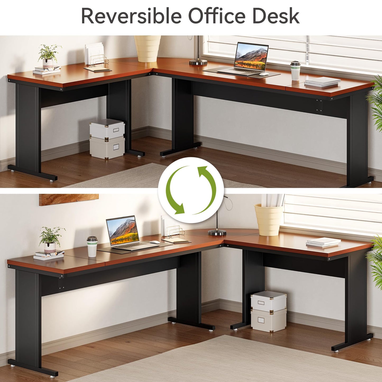 LITTLE TREE 82.67" Long Executive Desk with Drawers, Large L-Shaped Office Desk with Mobile File Cabinet, Farmhouse Computer Office Furniture Workstation with Storage for Home Office, Red Brown