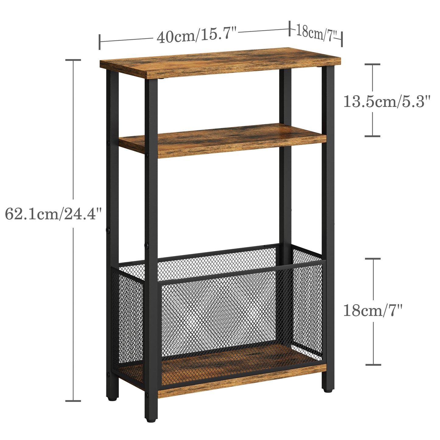 MMEOLUOOK Narrow Side Table with Storage Basket Skinny End Tables for Smalls Spaces 3 Tier Sofa Table Small Nightstand Slim Bedside Table for Living Room Bedroom Rustic Brown MLBZ22RB