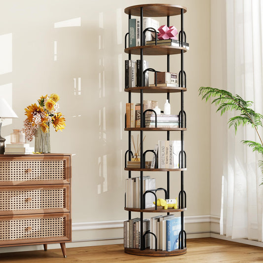 6 Tier Rotating Bookshelf Tower, Standing Tall Corner Wood, Black Metal Modern Book Shelf Organizer Retro Vintage Rustic Farmhouse Large Bookshelf Book Display Furniture for Your Home, Office, Kids