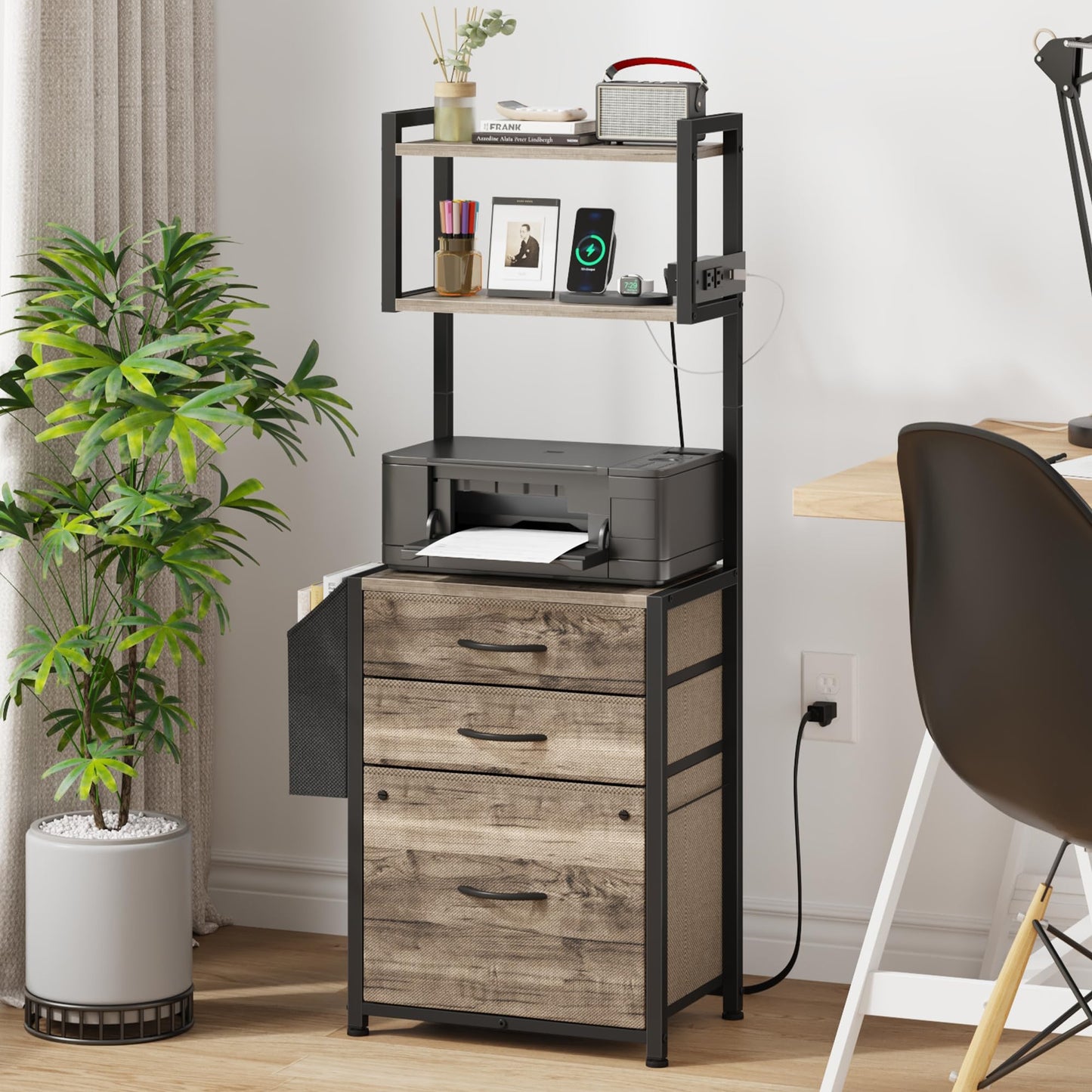 HIGDBFE 3 Drawer File Cabinet with Charging Station, 45''H, 3-Tier Small Filing Cabinet for Home Office, 11''*16'' for Small Printer, Fabric Drawer Fits Letter/A4, Tall Printer Stand, Grey