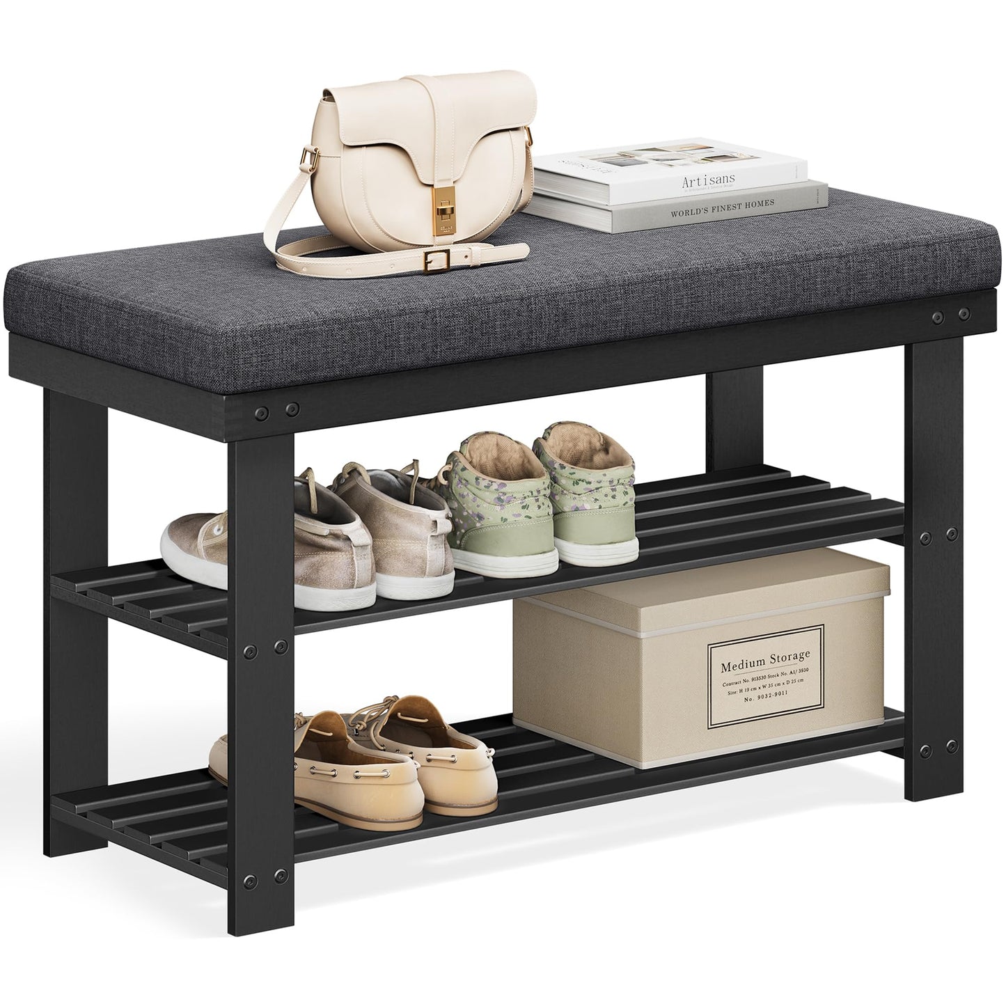 SONGMICS Bamboo Shoe Bench, 3-Tier Shoe Rack Organizer for Entryway, Living Room, Bench Seat Holds Up to 300 lb, 11.9 x 28.3 x 19.2 Inches, Ink Black and Slate Gray ULBS604B01