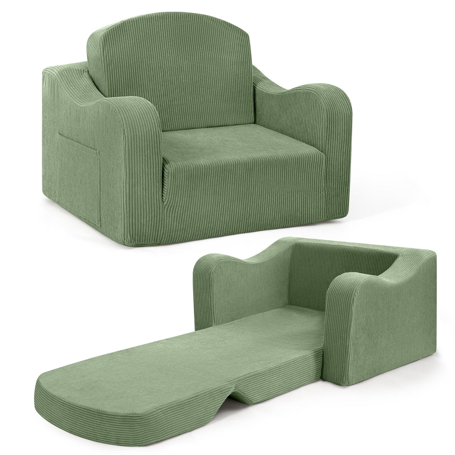 aodisman 2-in-1 Kids Chair and Couch, Thick Cozy Corduroy Kids Sofa, Convertible Foam Seating for Reading, Playing, Removable Washable Cover,Green
