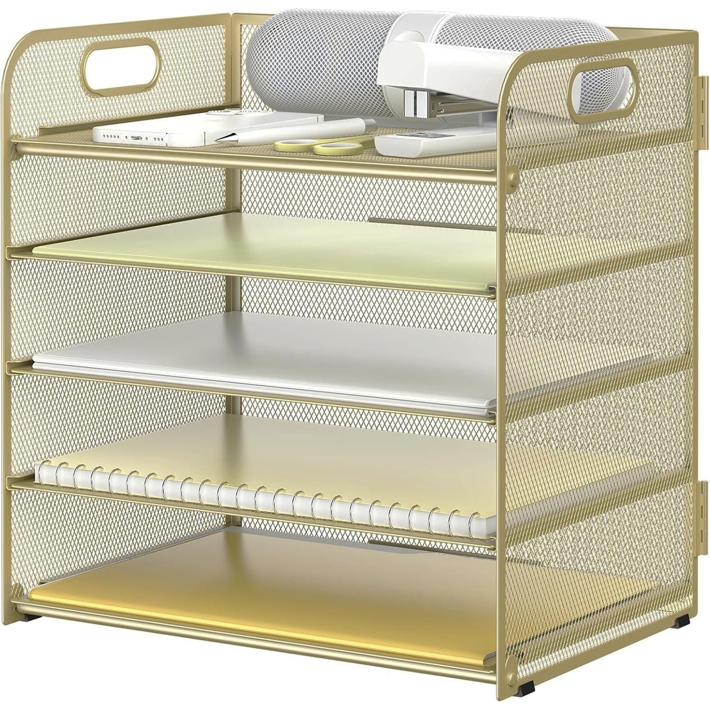 Sinboun Letter Tray Paper Organizer 5-Tier Desk Organizer File Organizer Paper Holder with Handle, Metal Desktop Document Shelf Tray Office Classroom Organization - Gold