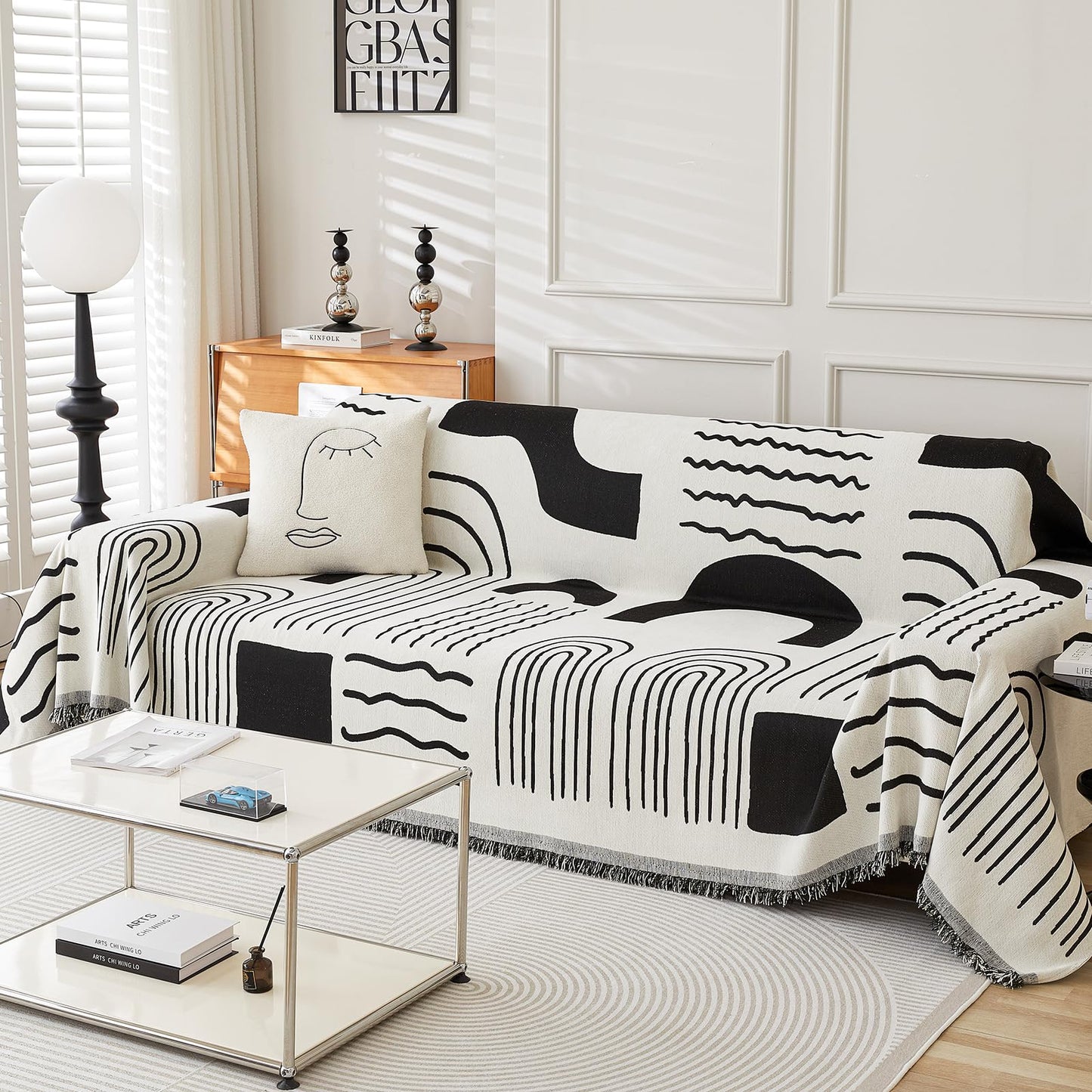 WEYOND Boho Chenille Couch Cover with Tassels, Bohemian Sofa Cover for 3 Cushion Couch, L-Shaped Sectional, Loveseat, 2/3/4 Seater (71" x 118", Black)