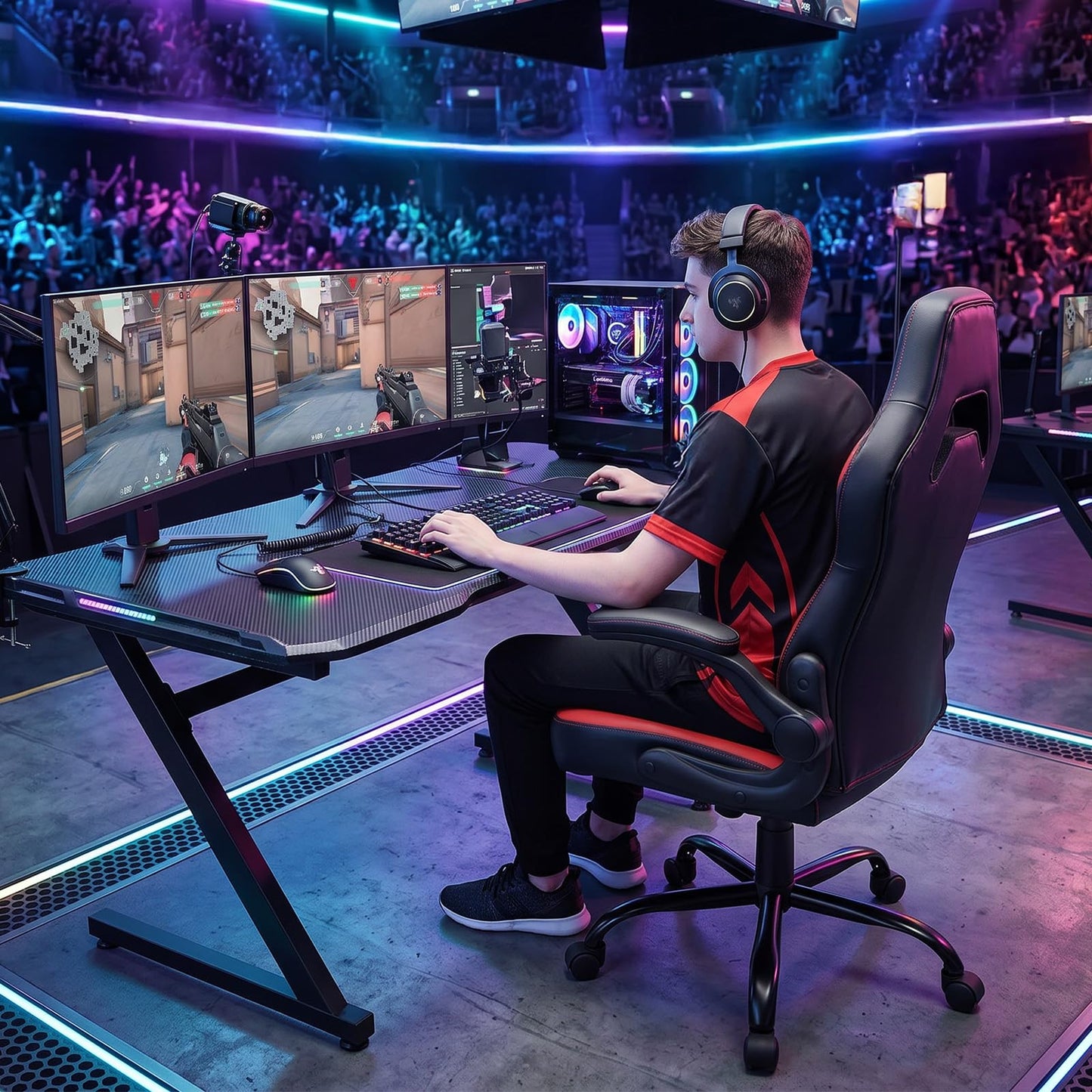 Sweetcrispy Computer Gaming Chair - PU Leather Ergonomic Lumbar Support with Flip-up Armrest and 360° Swivel Wheels, Height Adjustable Task Home Office Desk Video Racing, Red