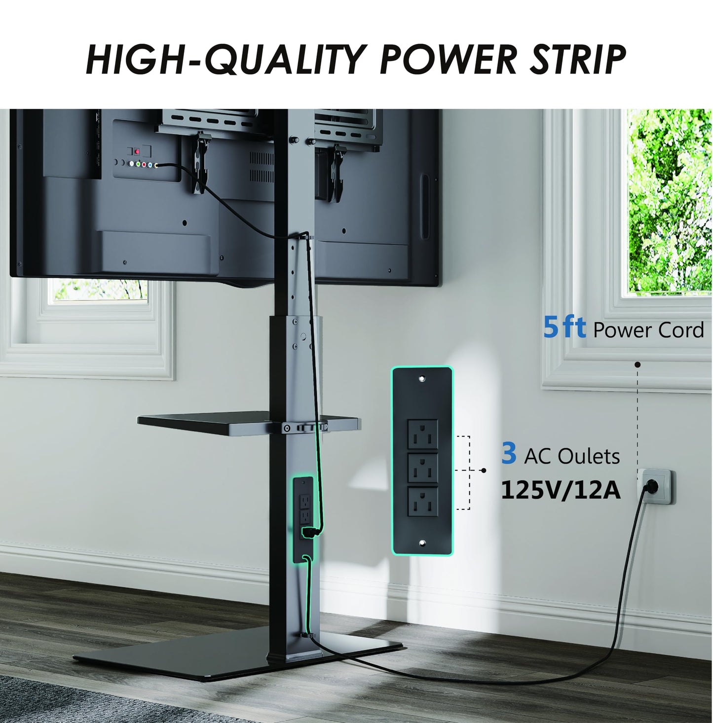 FITUEYES Floor TV Stand for 32-75 inch TV with Power Outlet, Tall TV Stand for Bedroom Living Room with Tempered Glass Base, Floor TV Mount Holds Up to 88lbs MAX VESA 600x400mm,Black