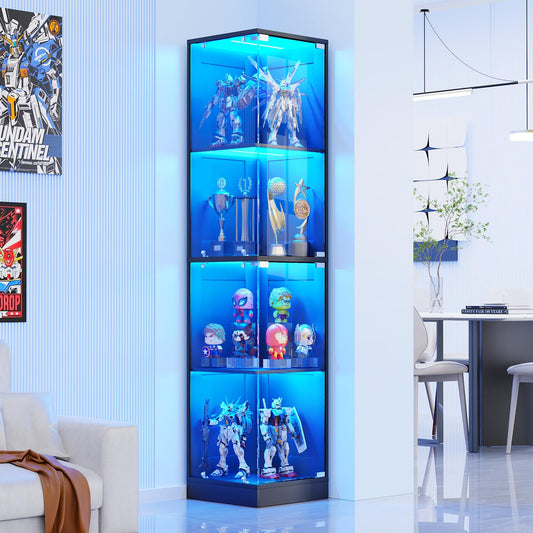 BROTTAR Corner Display Cabinet with Glass Doors, Curio Cabinet with 3 Color LED Lights for Collectibles, 4-Tier Display Case with Human Body Sensor for Toys, Books, Black