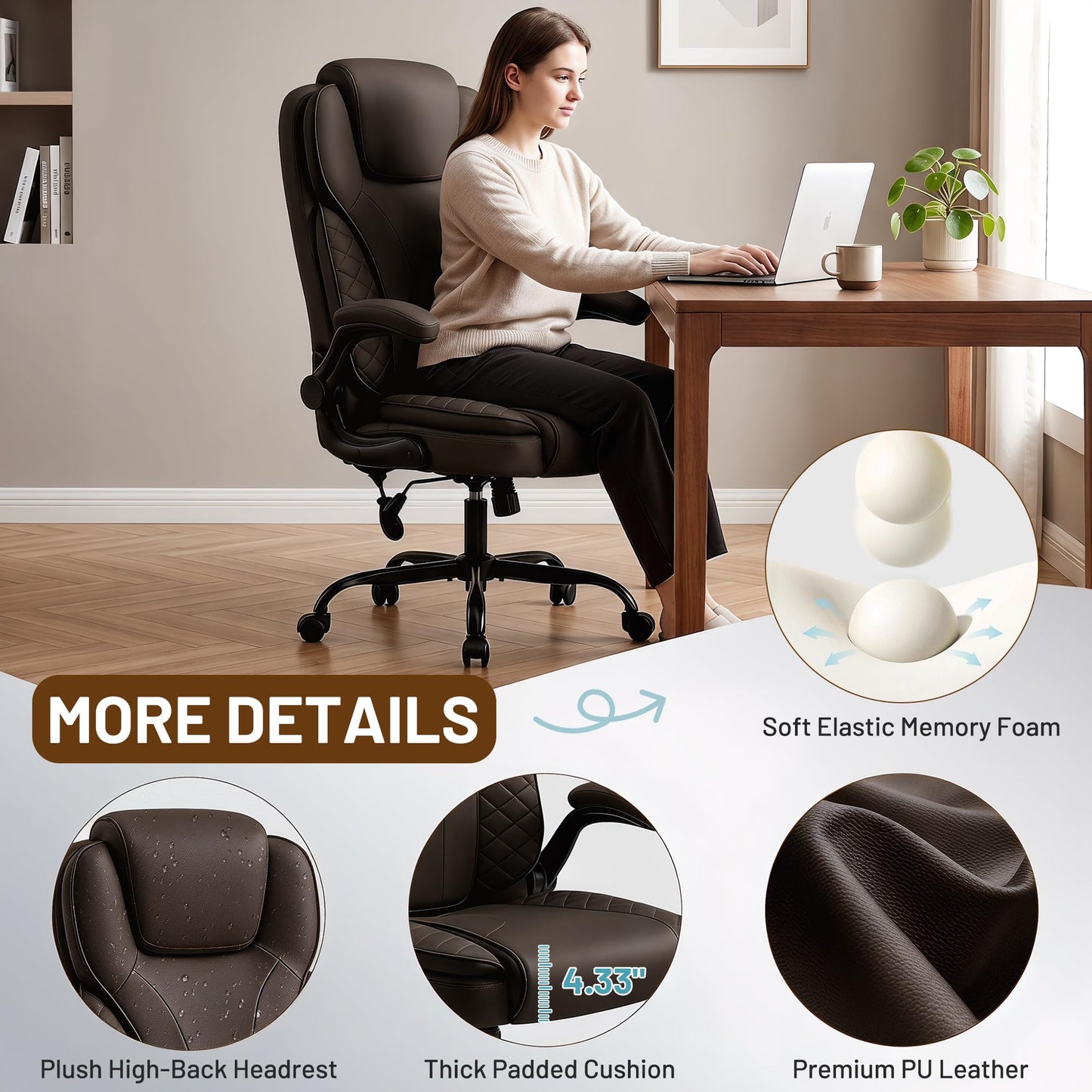 Hayelf Ergonomic Office Chair, PU Leather High Back Executive Chair with Adjustable Inflatable Lumbar Support and Padded Flip-Up Arms, Recline Swivel Task Computer Chair for Home Office, Dark Brown