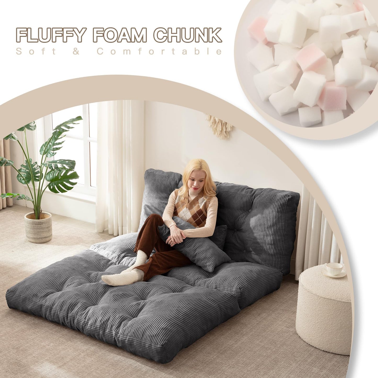 Folding Sofa Bed, Convertible Sleeper Chair with Pillow Foldable Mattress with Back Support, Portable Fold Out Chair Bed Comfy Floor Sofa Lounge for Living Room Bedroom, Dark Gray Full 80x54 Inch