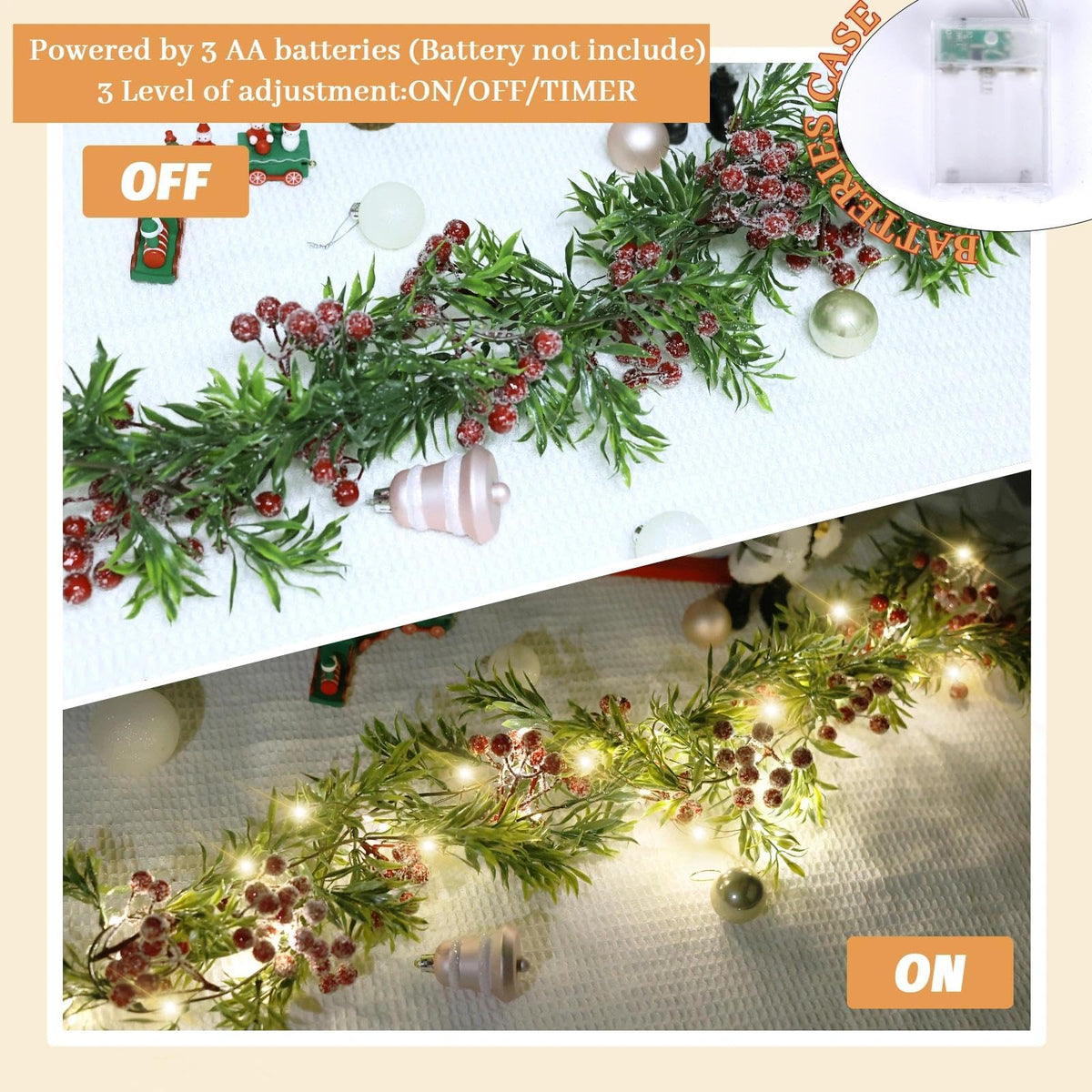 Christmas Garland with Light,Lighted Snowy Red Berries Holly Leaves Garland for Fireplace Mantle Indoor Outdoor Christmas Decoration 6.5FT Pre-lit Battery Operated Xmas String Lights 1 Pack