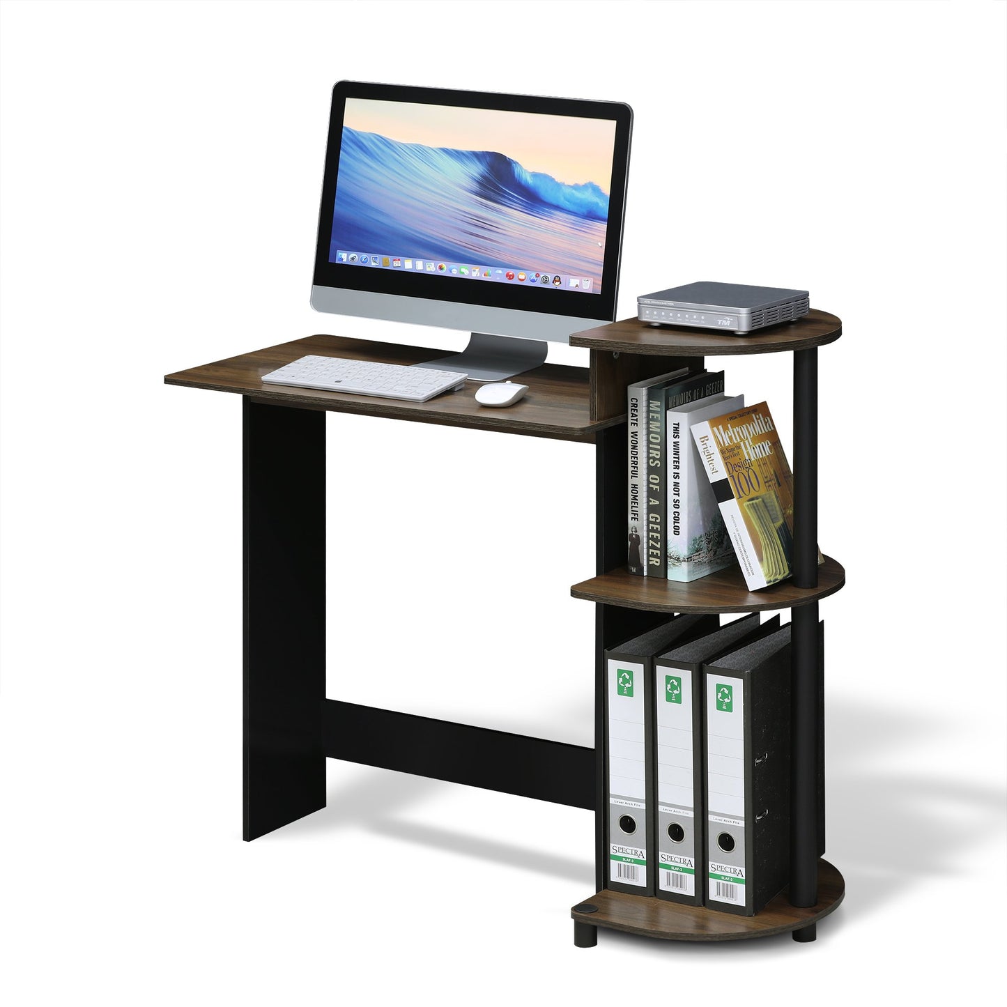 Furinno COMPACT Desk, 28.5" Wide Gaming Desk with Shelves, Computer Desk with Book Shelf, Office Desk for Home Office, Study Room, Dorm, Bedroom, Columbia Walnut