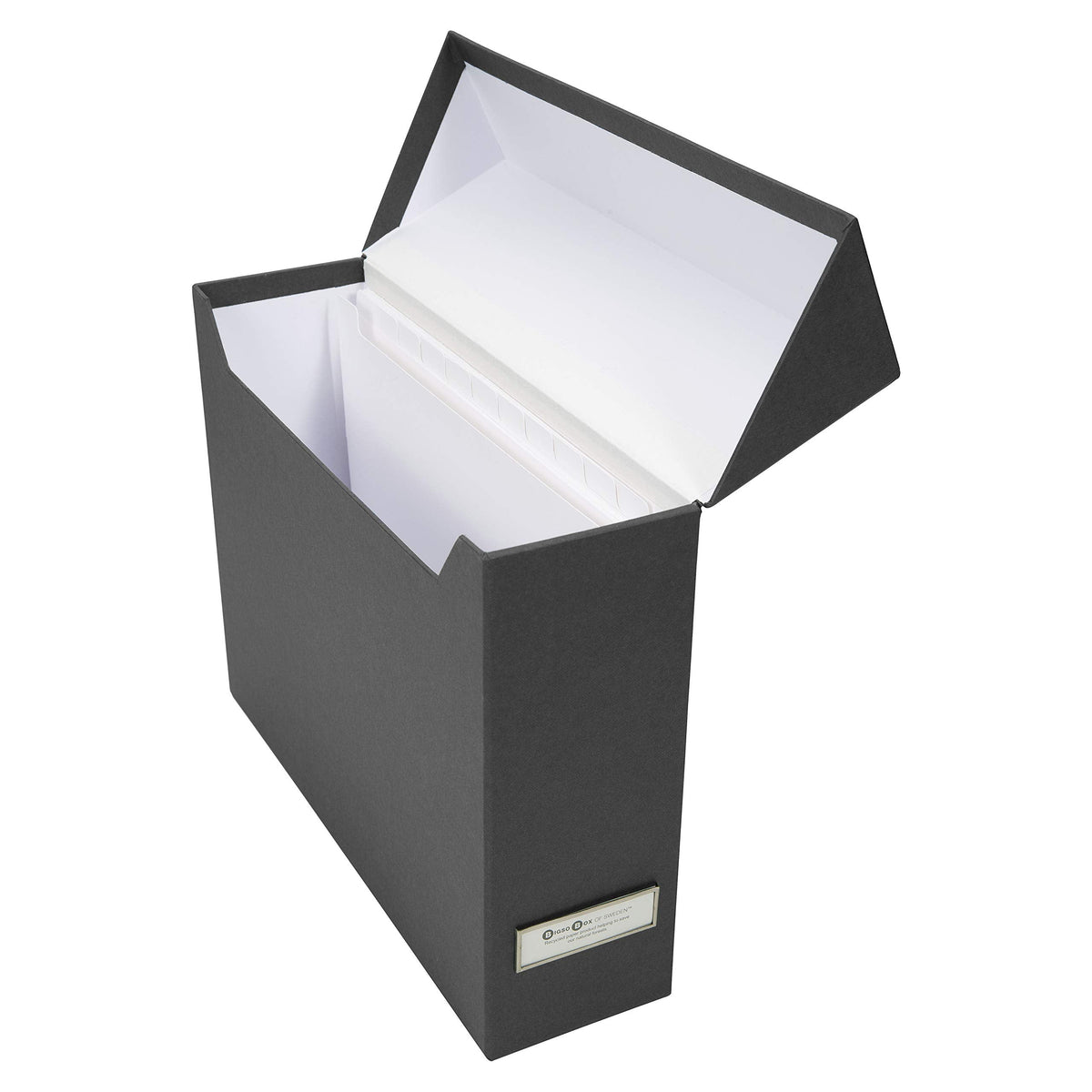 Bigso Lovisa Fiberboard Label Frame 12 File Storage Box - Document Organizer for Important Paperwork - Durable Hanging File Box w/Flip Top Lid & Metal Label Window - 3.7in x 13in x 9.4in - Dark Grey