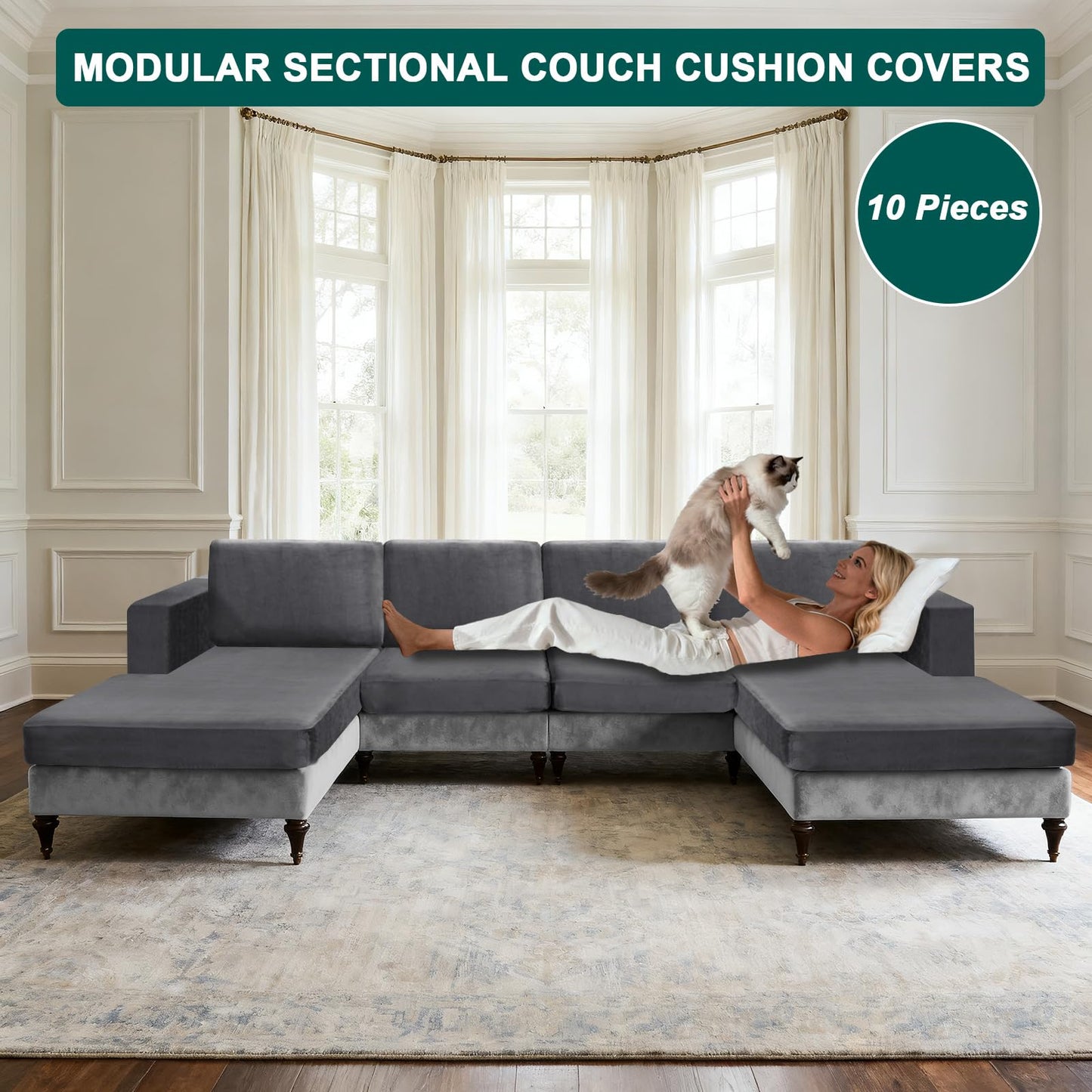 10 Pieces Sofa Cushion Covers for U-Shaped Modular Sectional Couch with 4 Seat+4 Back+2 Arms, Stretch Velvet Upholstered Covers for Sofa Bed with Deep Double Chaise (Grey,Universal (10 Pieces))