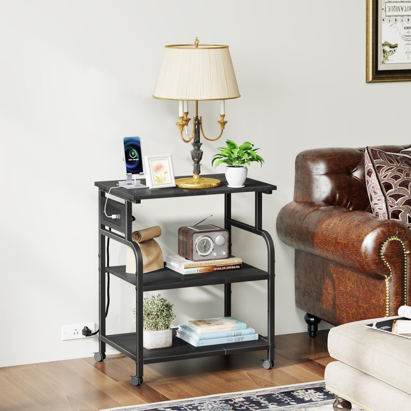 YAOHUOO 3 Tier Large Printer Stand with Power Outlet/Adjustable Storage Shelf, Rolling Cart with Wheels, Printer Table for Home Office 3D Printer/Heat Press/Laser, 22"×15" Black