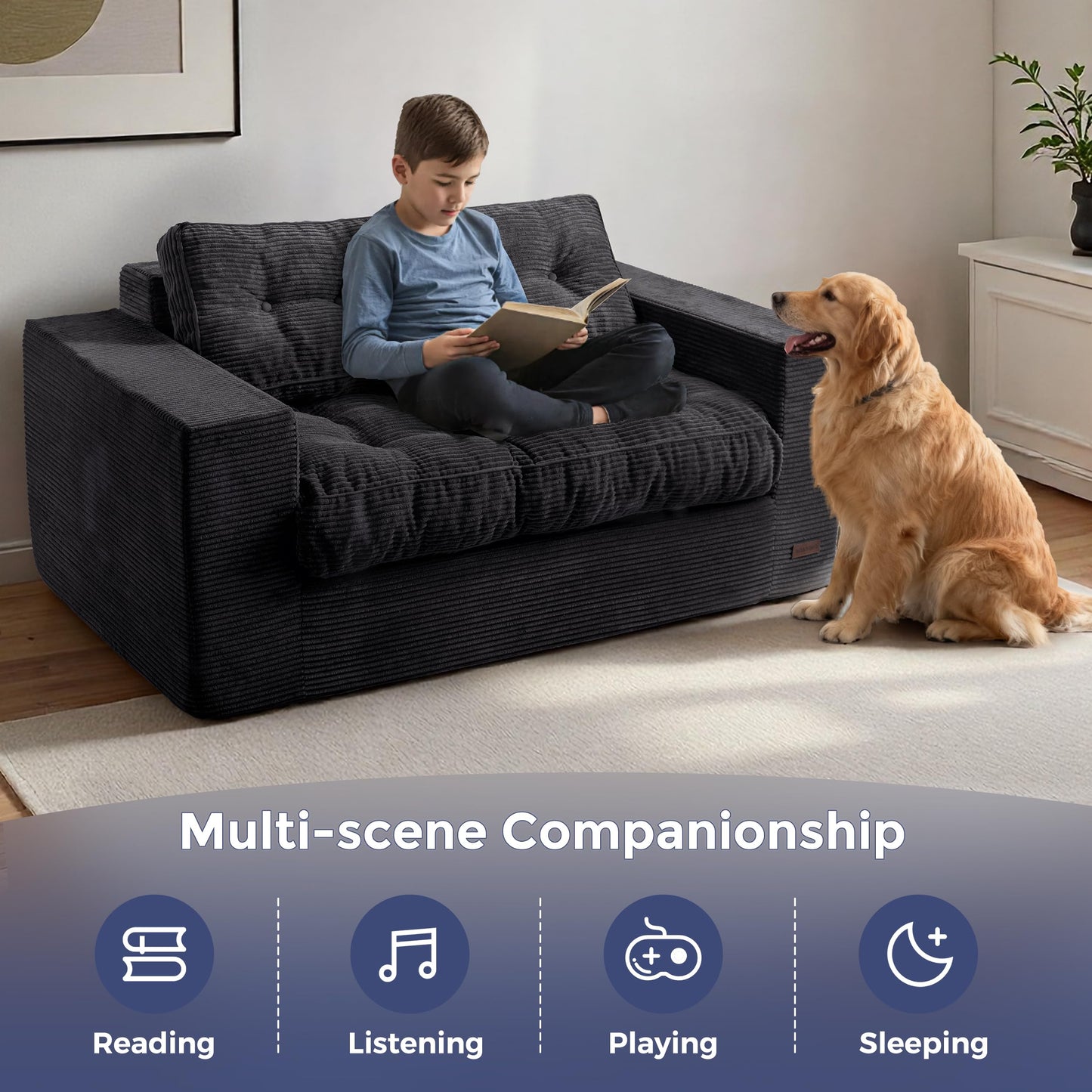 MAXYOYO Loveseat Sofa Couch, Upholstered Bean Bag Chair Cloud 2-Seat for Adults, Boneless Couch with Tufted Cushion & Pillows, Sofa in A Box, No Assembly Required, Black